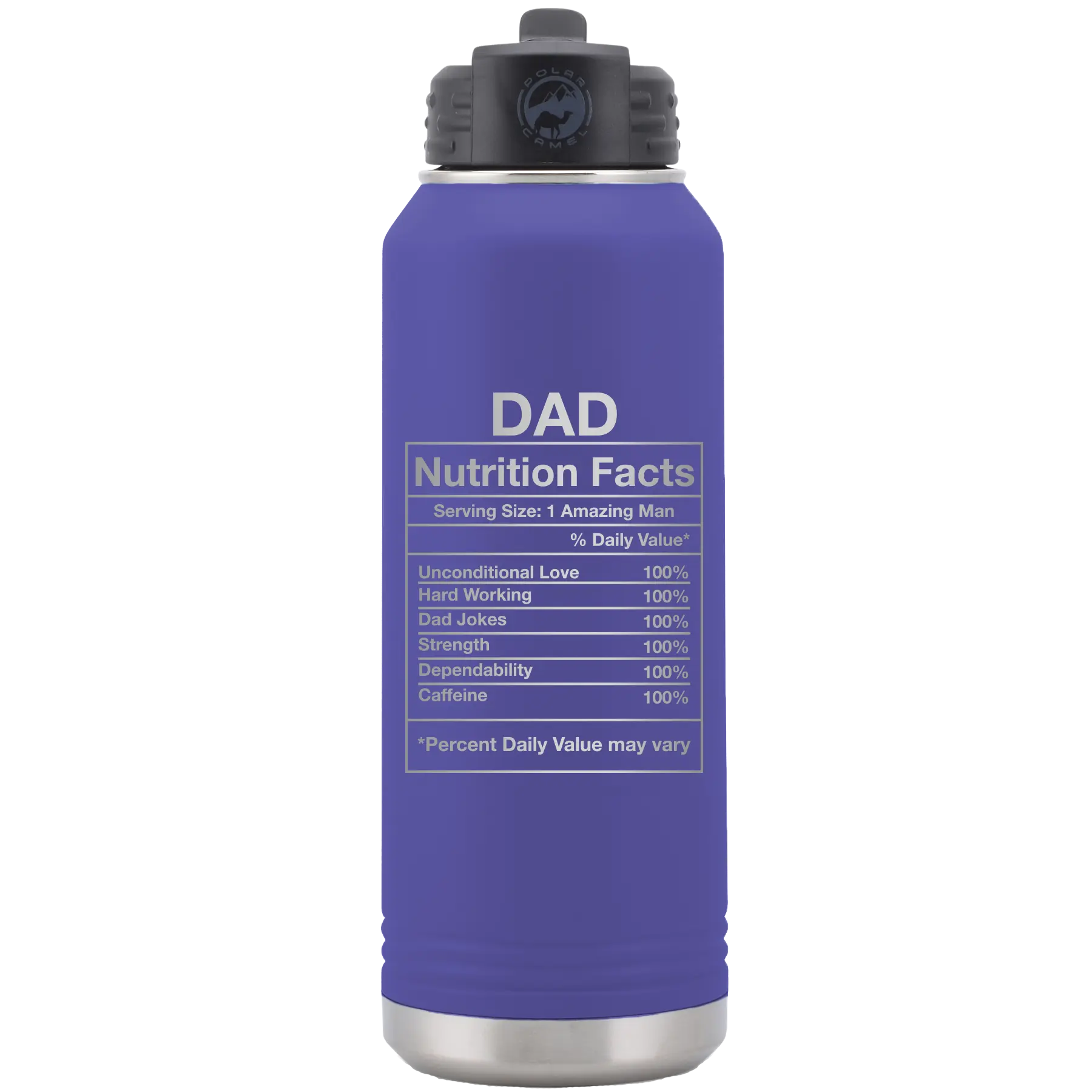 Laser etched purple 32 oz vacuum insulated water bottle with 'Dad Nutrition' design