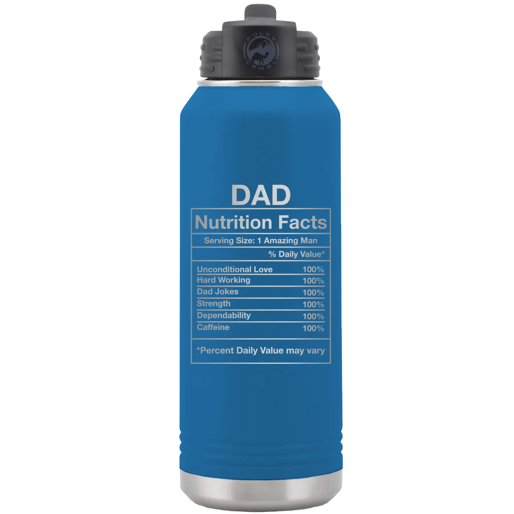 Laser etched royal blue 32 oz vacuum insulated water bottle with 'Dad Nutrition' design