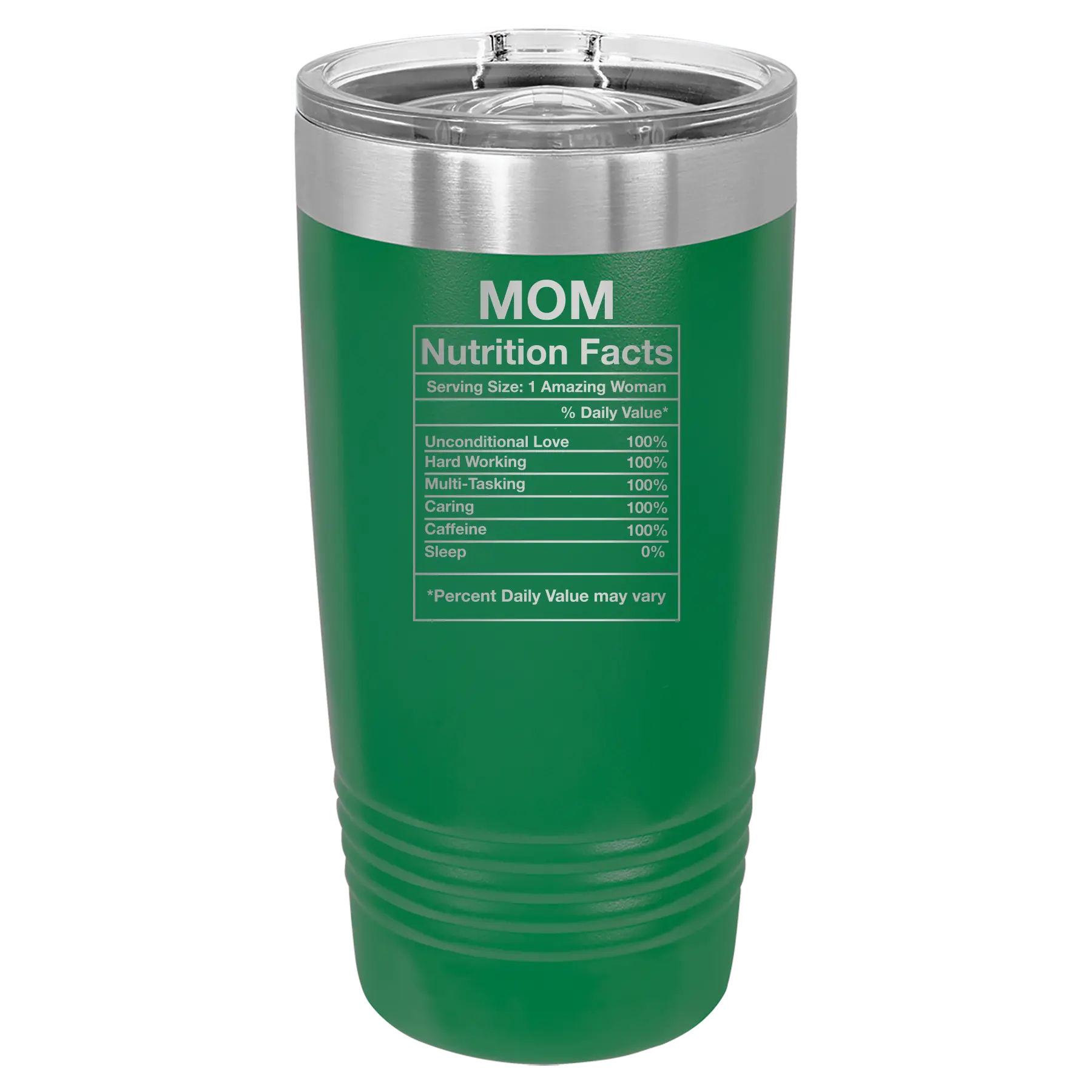 Laser etched green 20 oz vacuum insulated tumbler with 'Mom Nutrition' design