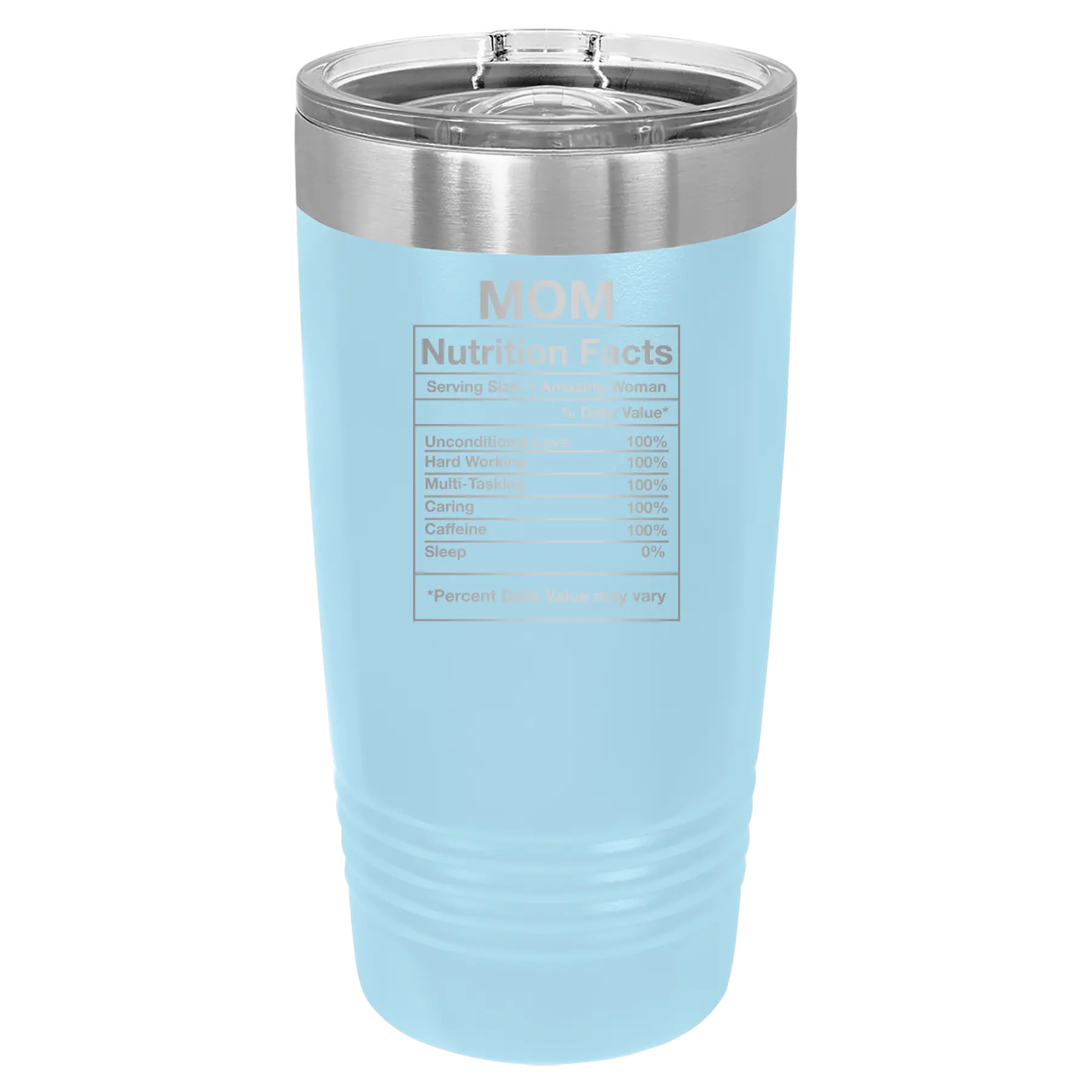 Laser etched light blue 20 oz vacuum insulated tumbler with 'Mom Nutrition' design