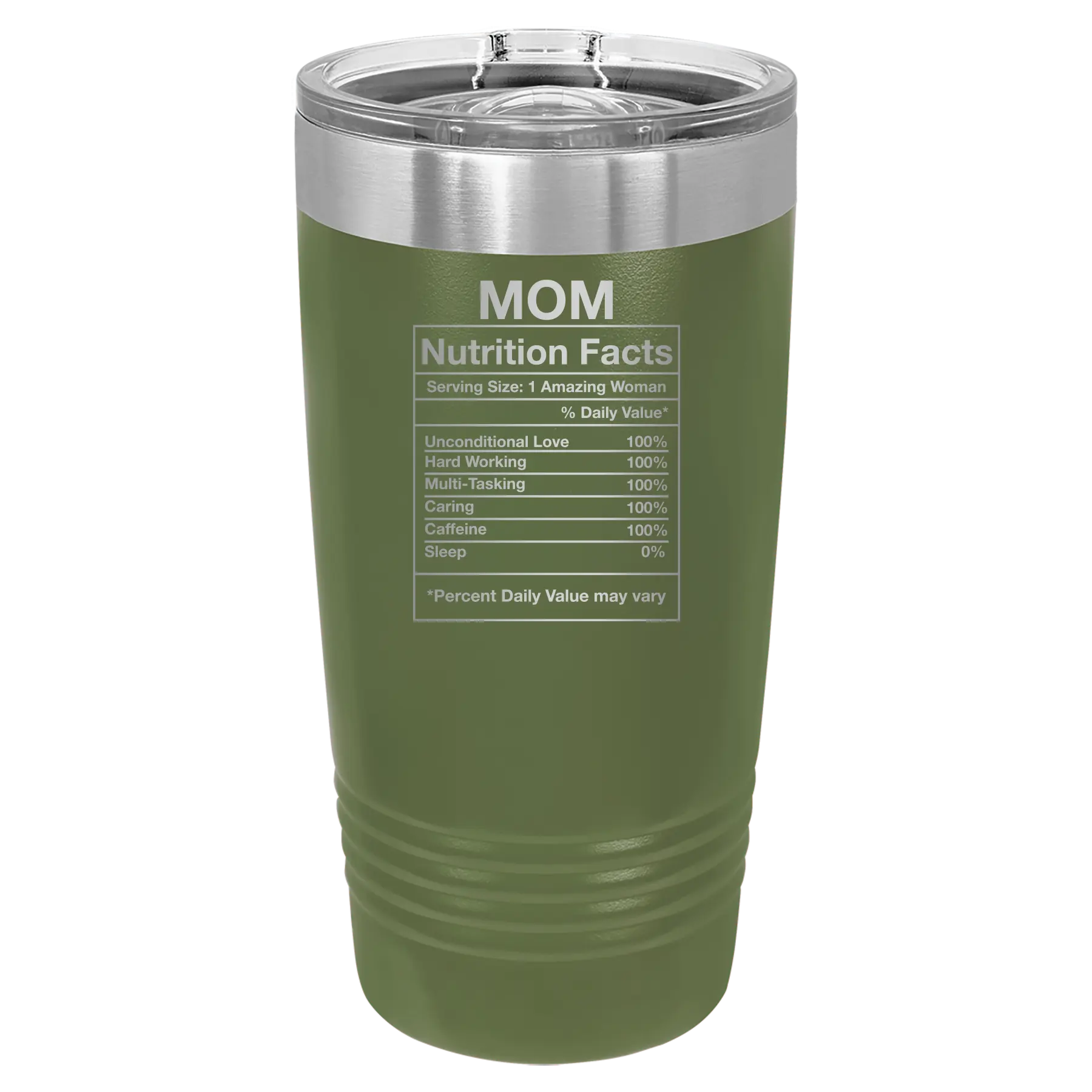 Laser etched olive green 20 oz vacuum insulated tumbler with 'Mom Nutrition' design