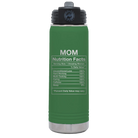 Laser etched green 20 oz vacuum insulated water bottle with 'Mom Nutrition' design