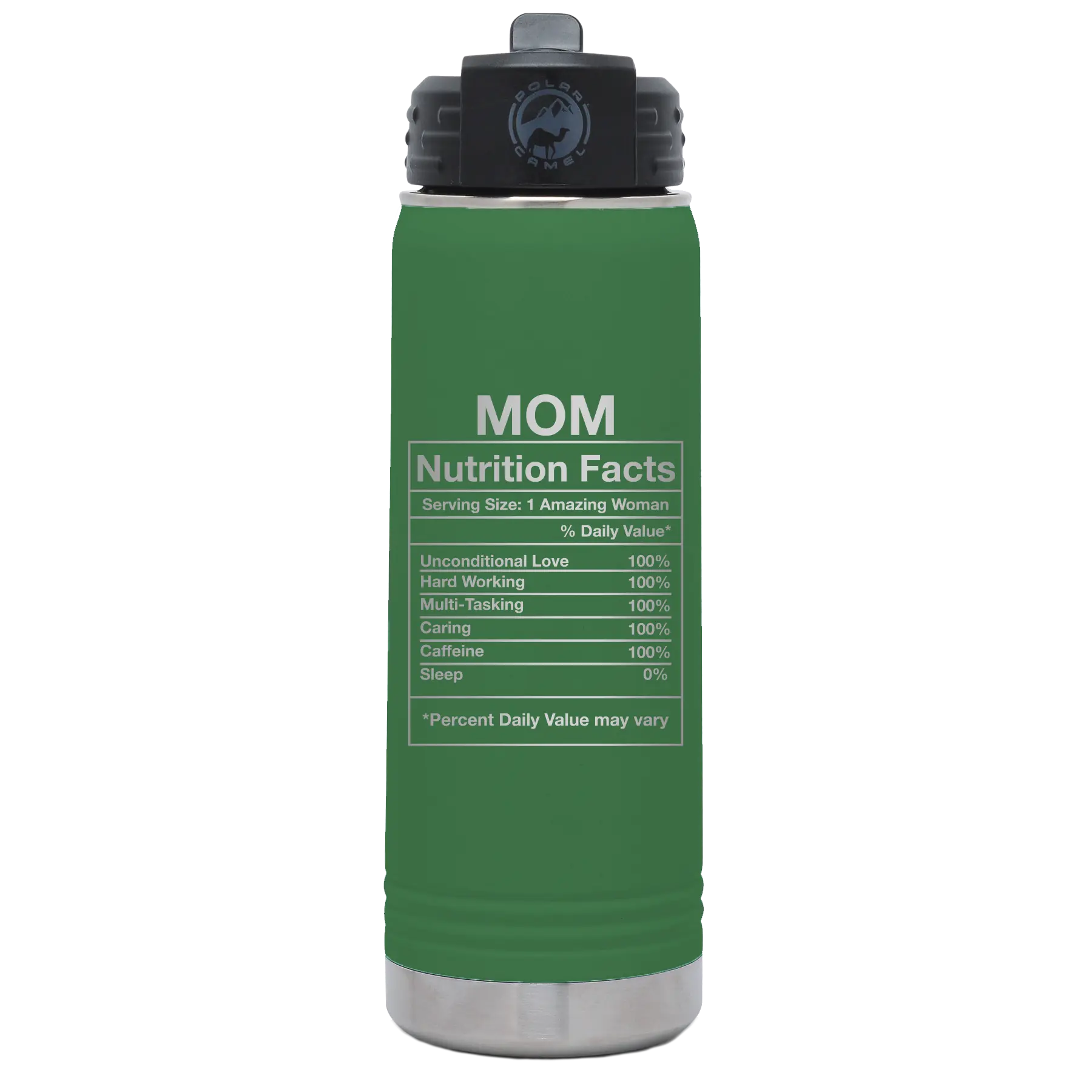 Laser etched green 20 oz vacuum insulated water bottle with 'Mom Nutrition' design
