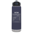 Laser etched navy 20 oz vacuum insulated water bottle with 'Mom Nutrition' design