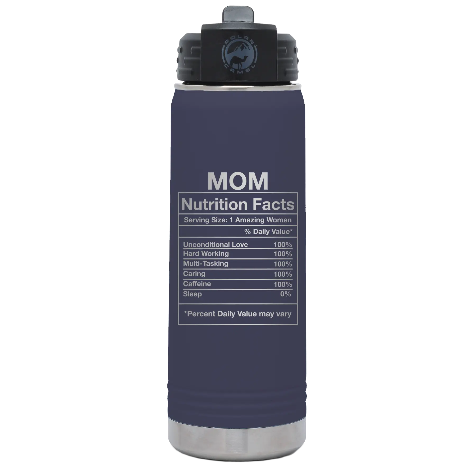 Laser etched navy 20 oz vacuum insulated water bottle with 'Mom Nutrition' design