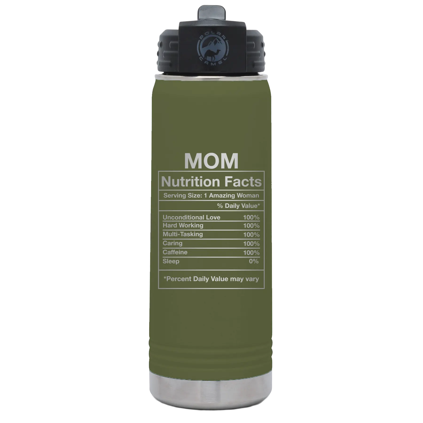 Laser etched olive green 20 oz vacuum insulated water bottle with 'Mom Nutrition' design