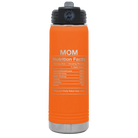 Laser etched orange 20 oz vacuum insulated water bottle with 'Mom Nutrition' design