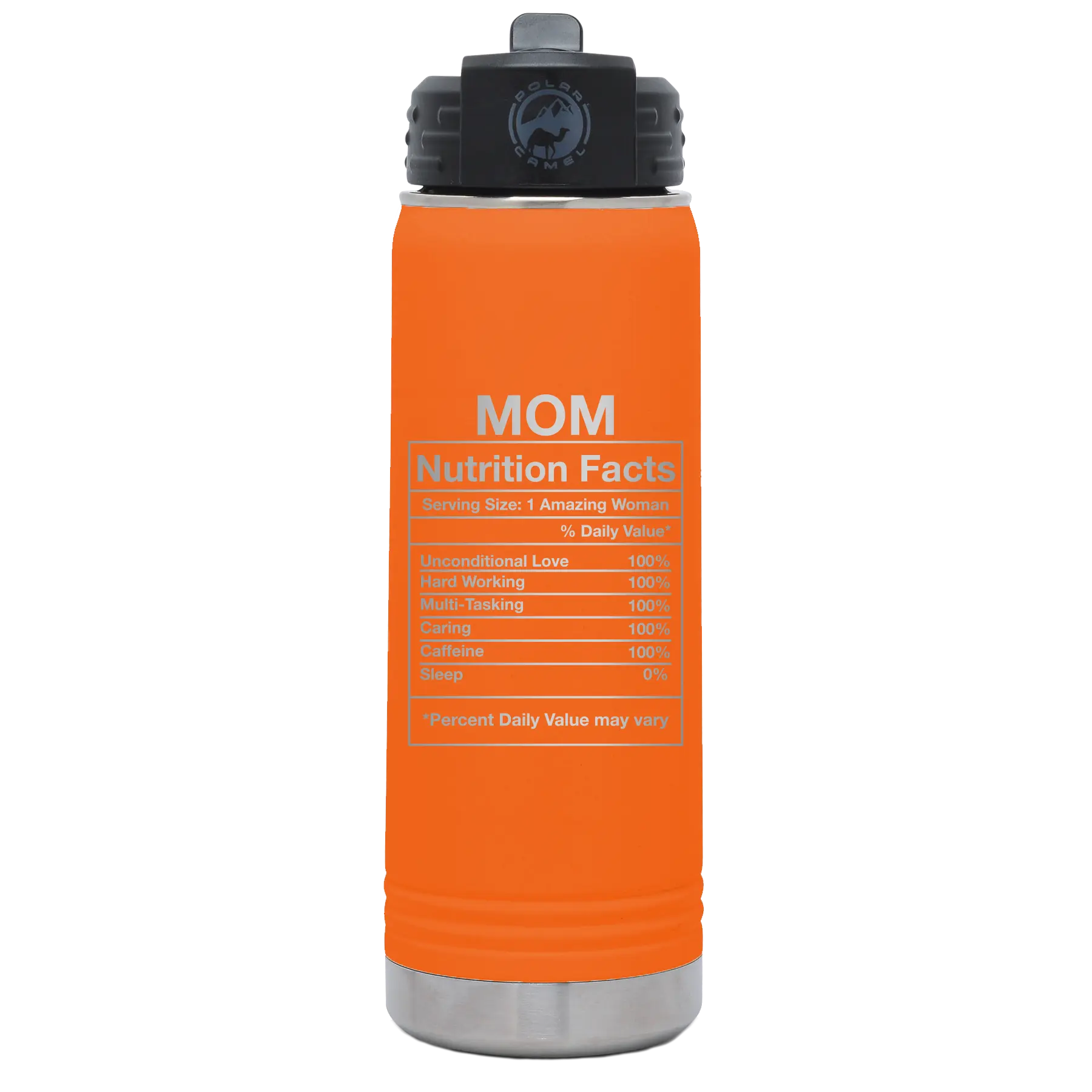 Laser etched orange 20 oz vacuum insulated water bottle with 'Mom Nutrition' design
