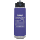 Laser etched purple 20 oz vacuum insulated water bottle with 'Mom Nutrition' design