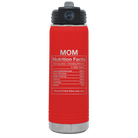 Laser etched red 20 oz vacuum insulated water bottle with 'Mom Nutrition' design