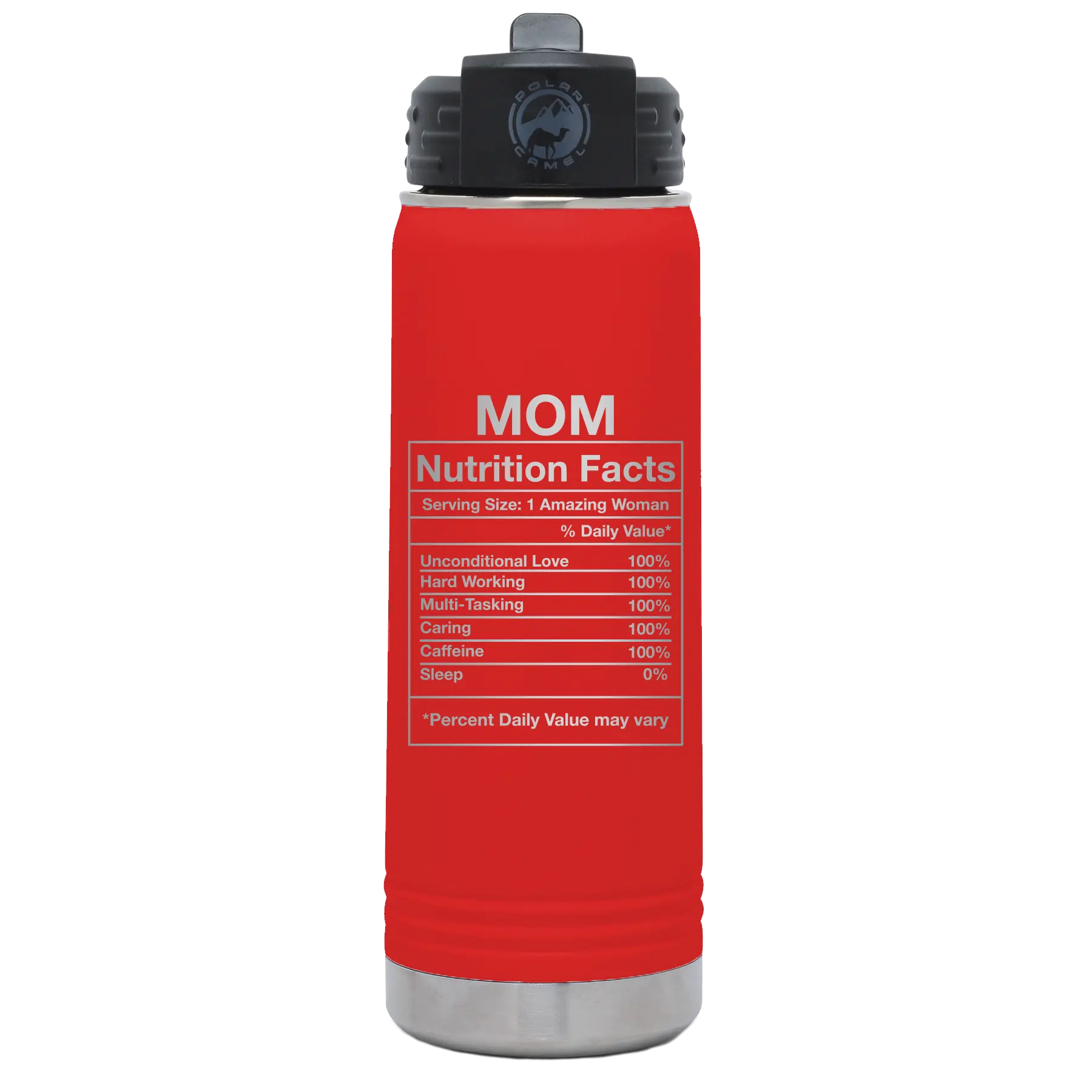 Laser etched red 20 oz vacuum insulated water bottle with 'Mom Nutrition' design