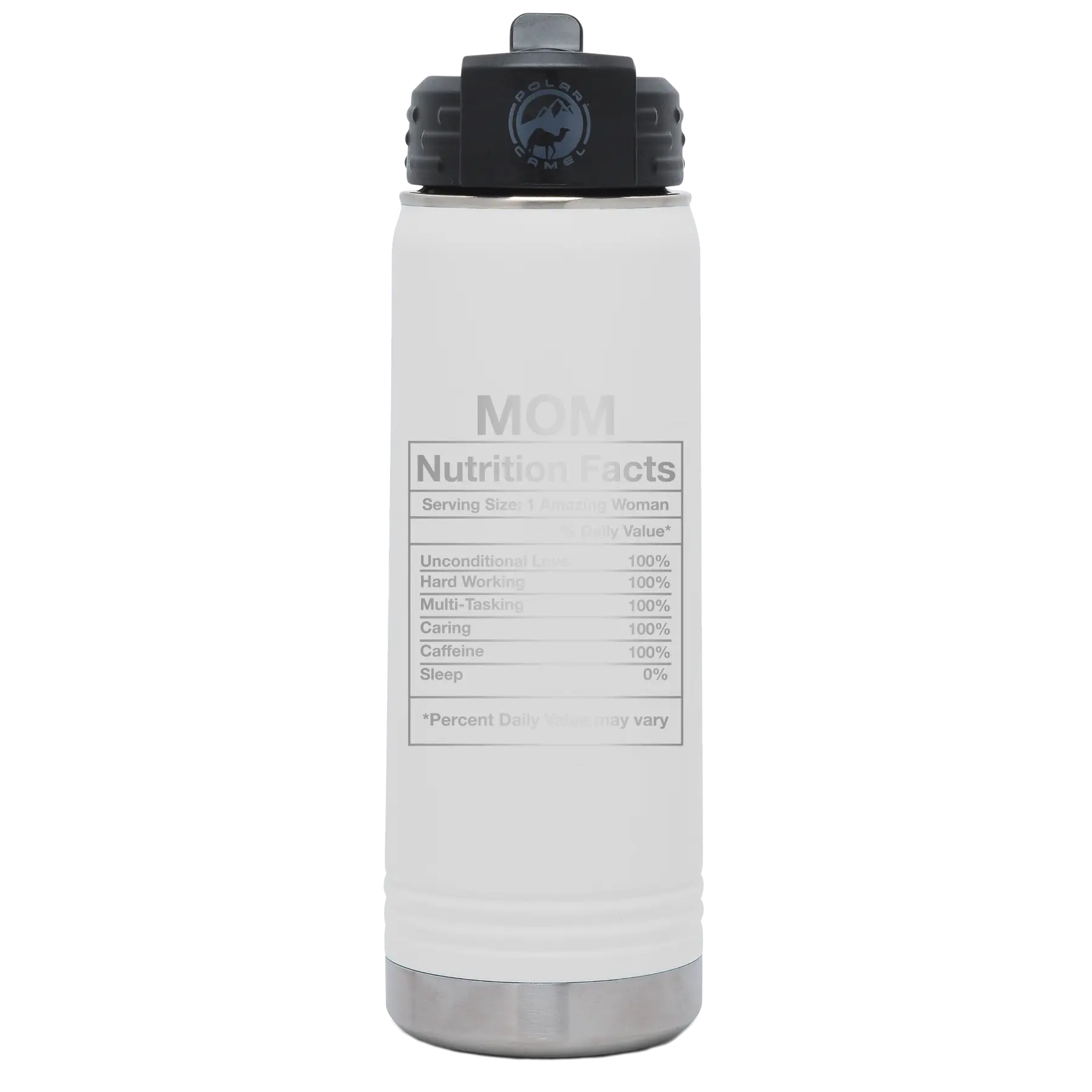Laser etched white 20 oz vacuum insulated water bottle with 'Mom Nutrition' design