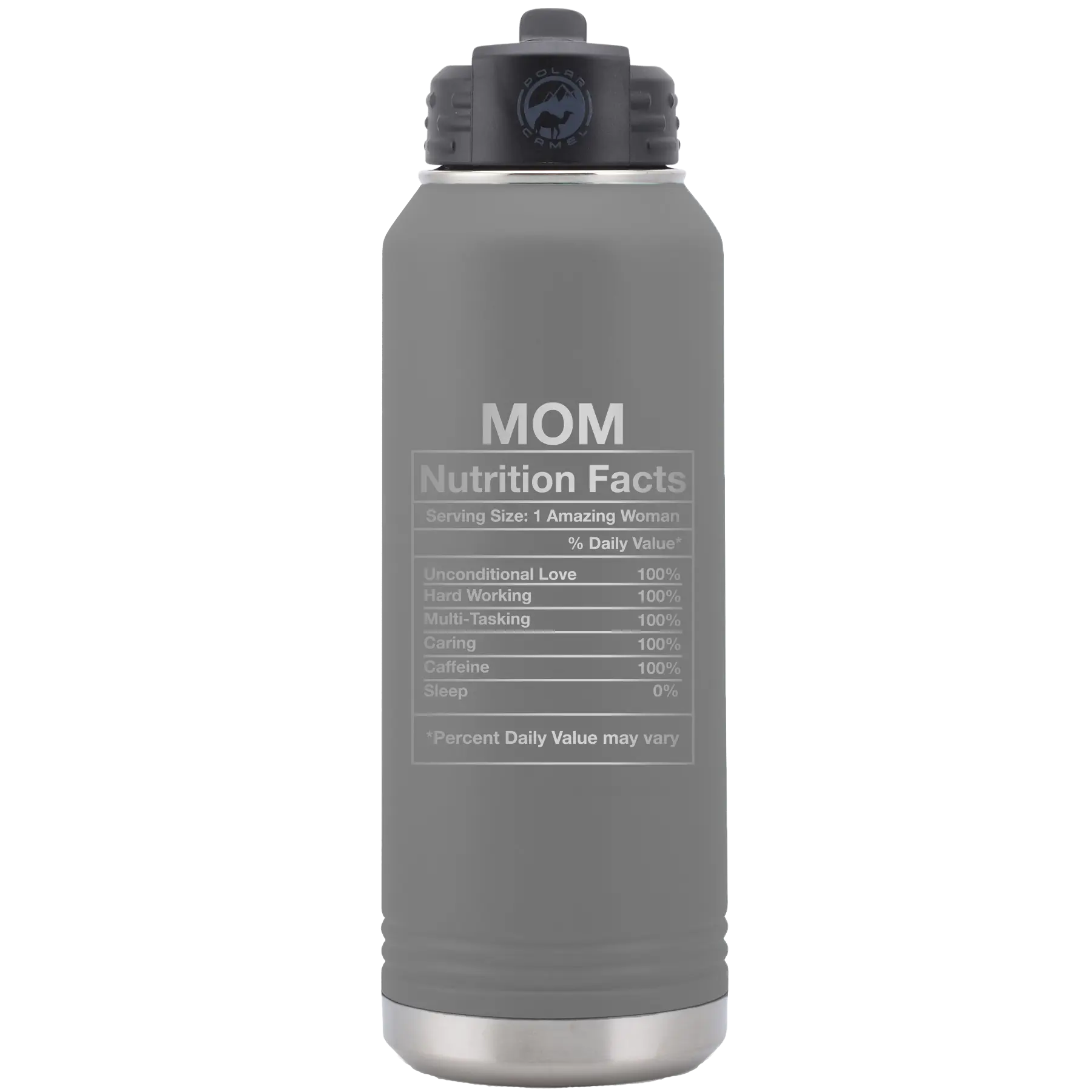 Laser etched dark gray 32 oz vacuum insulated water bottle with 'Mom Nutrition' design