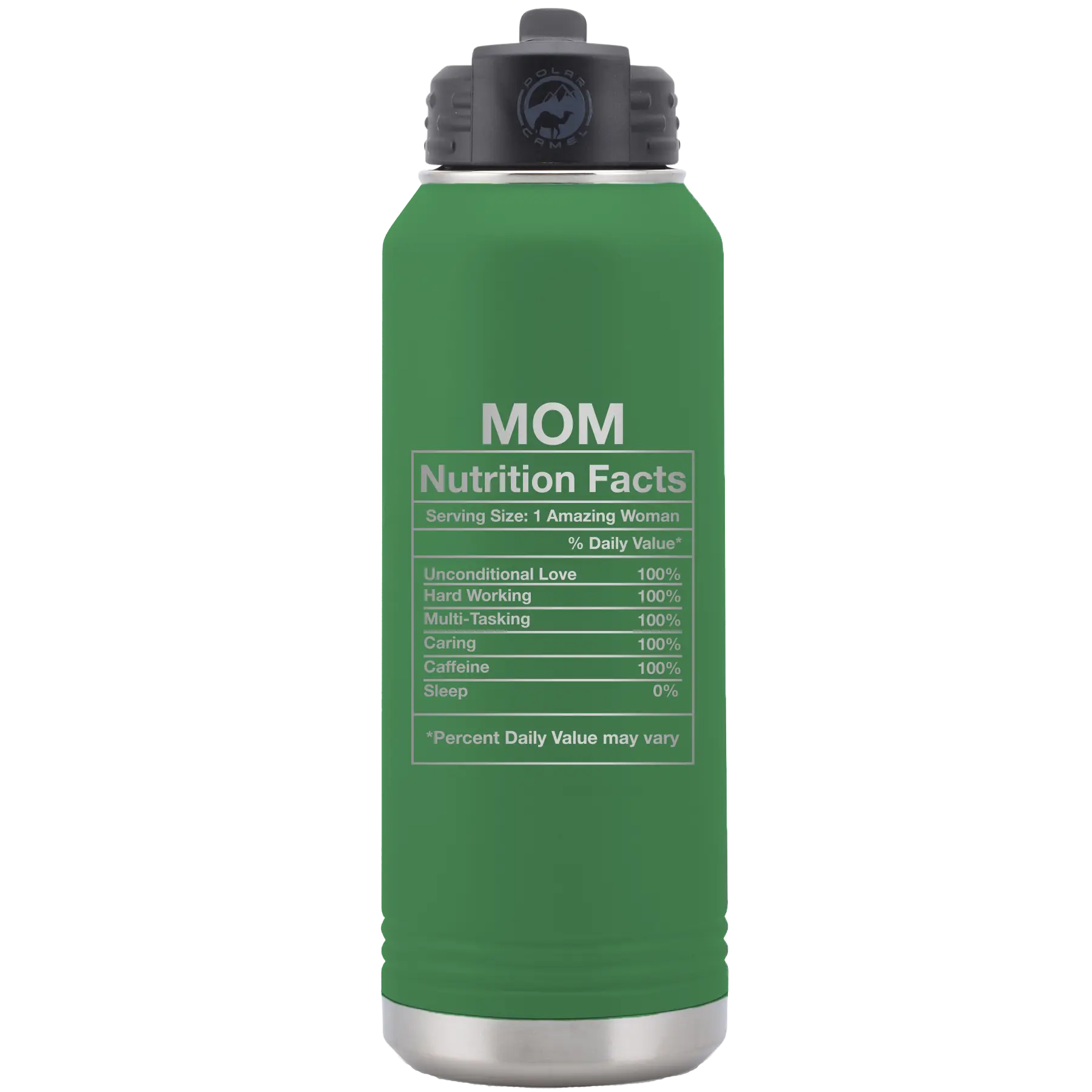 Laser etched green 32 oz vacuum insulated water bottle with 'Mom Nutrition' design