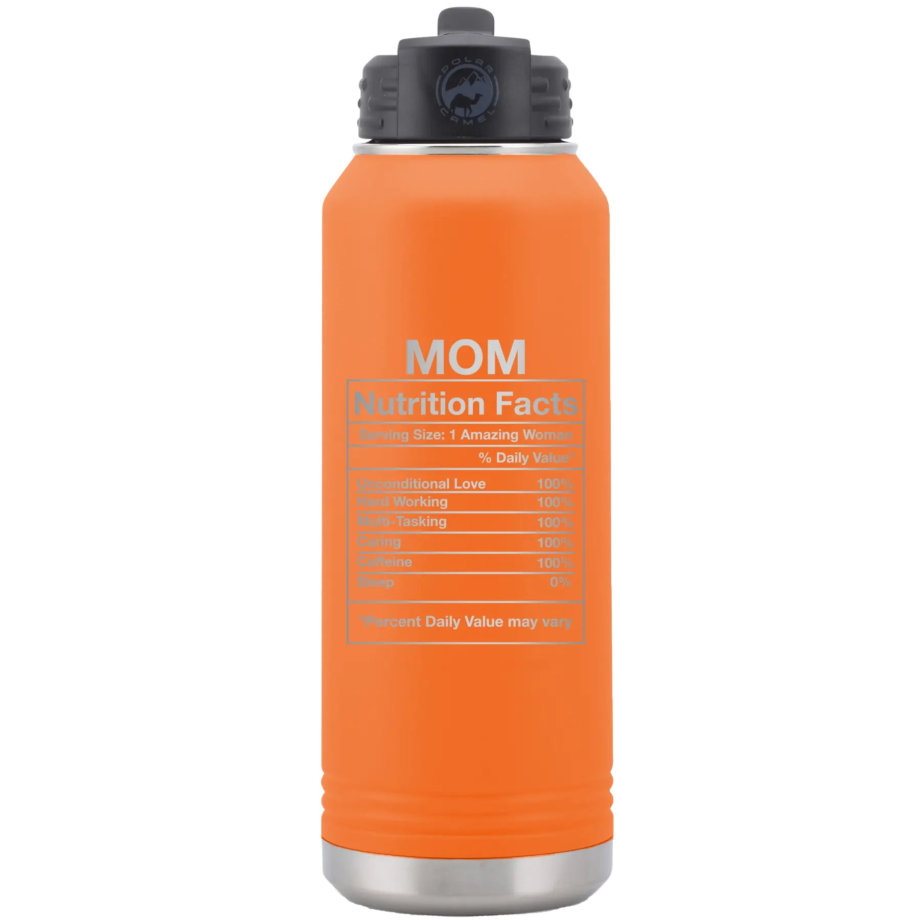Laser etched orange 32 oz vacuum insulated water bottle with 'Mom Nutrition' design