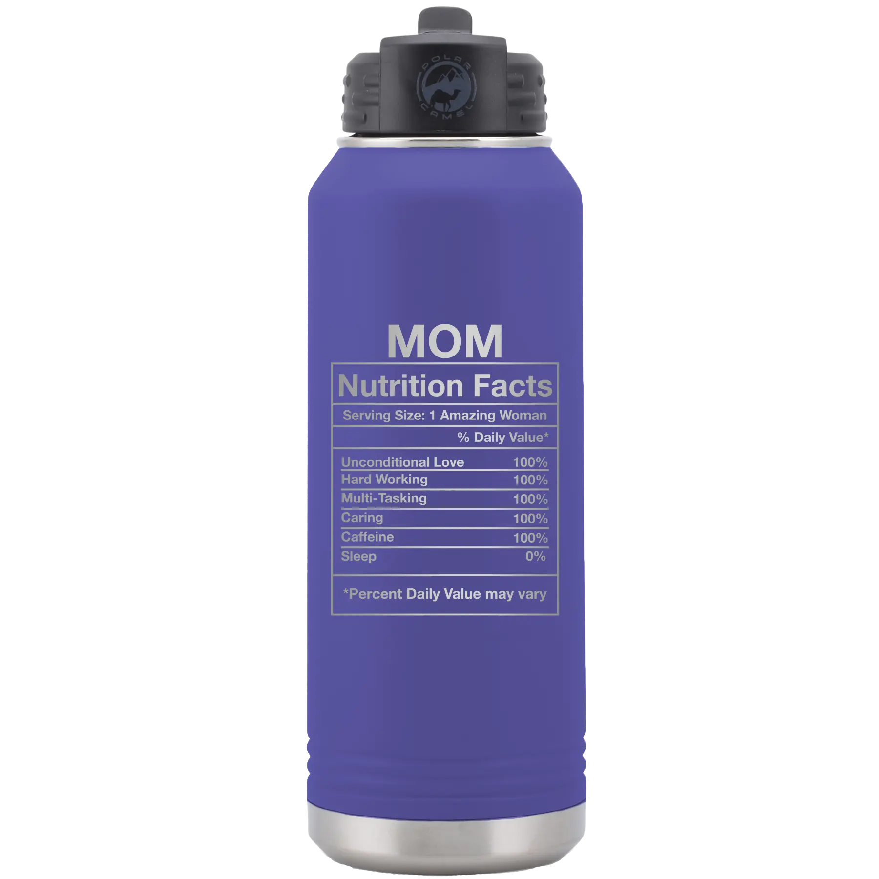 Laser etched purple 32 oz vacuum insulated water bottle with 'Mom Nutrition' design
