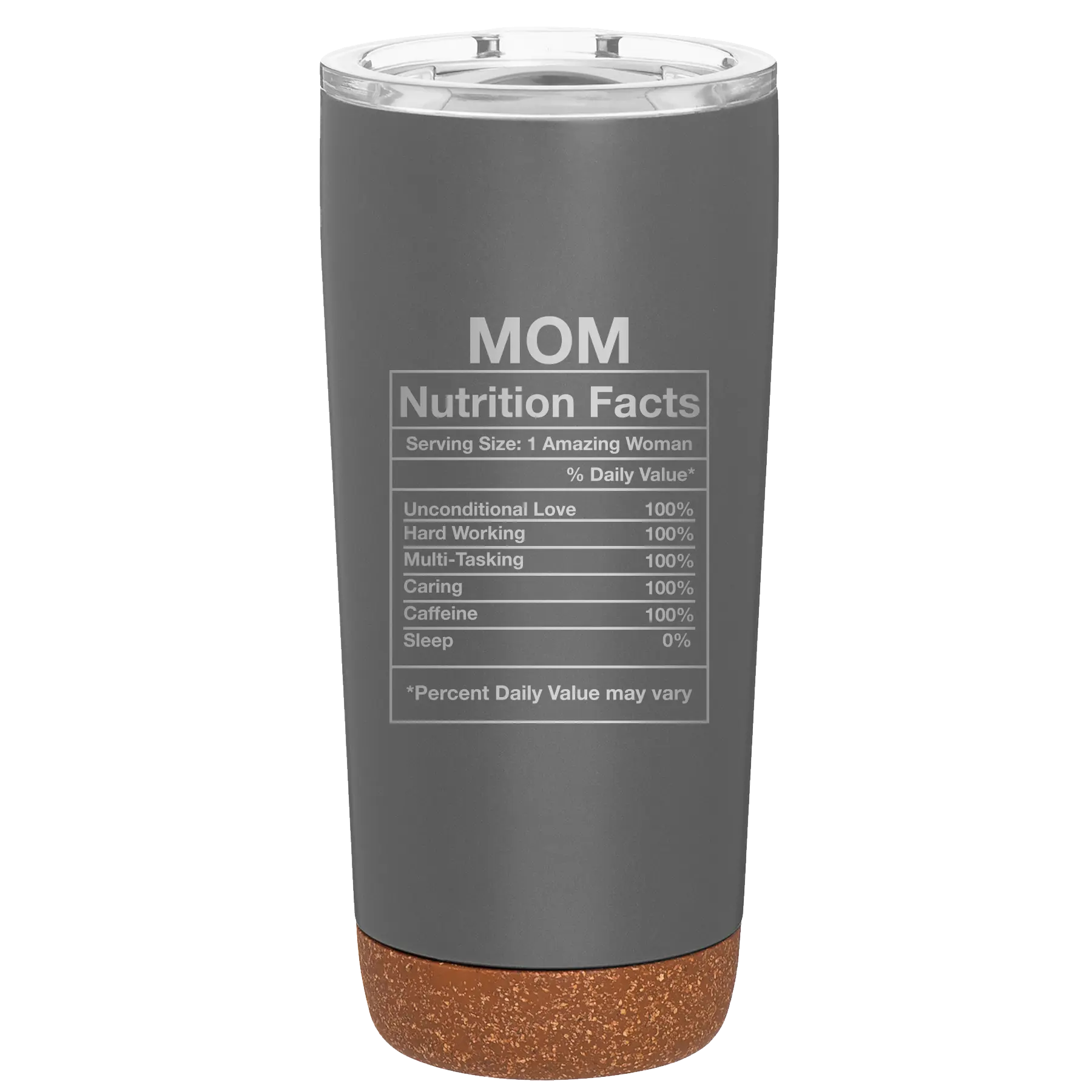 Laser etched storm gray 20 oz vacuum insulated tumbler with 'Mom Nutrition' design