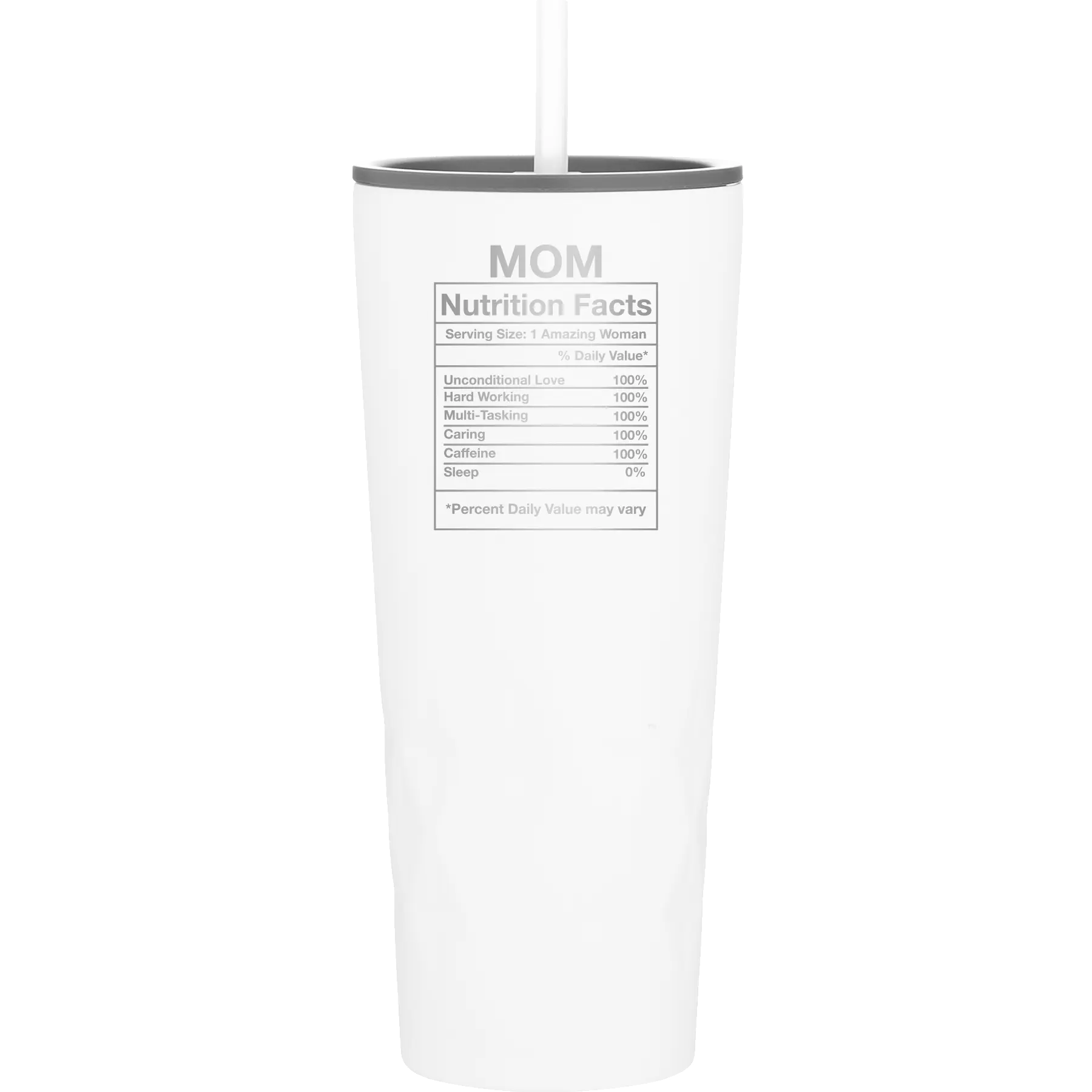 Laser etched white 20 oz vacuum insulated tumbler with 'Mom Nutrition' design