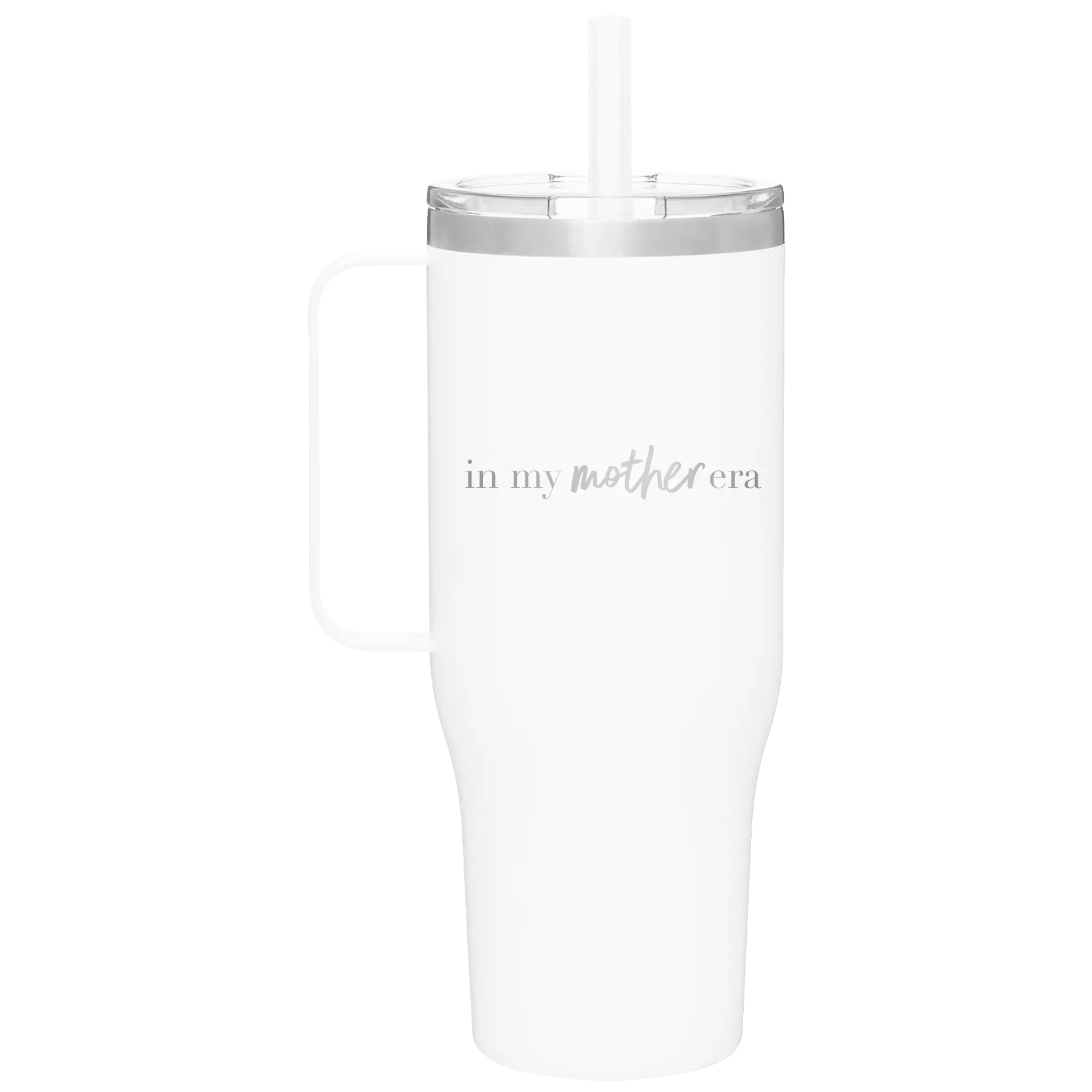 Laser etched white 40 oz vacuum insulated tumbler mug with 'Mother Era' design