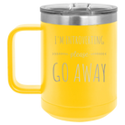 Laser etched yellow 15 oz vacuum insulated coffee mug with 'Introverting' design