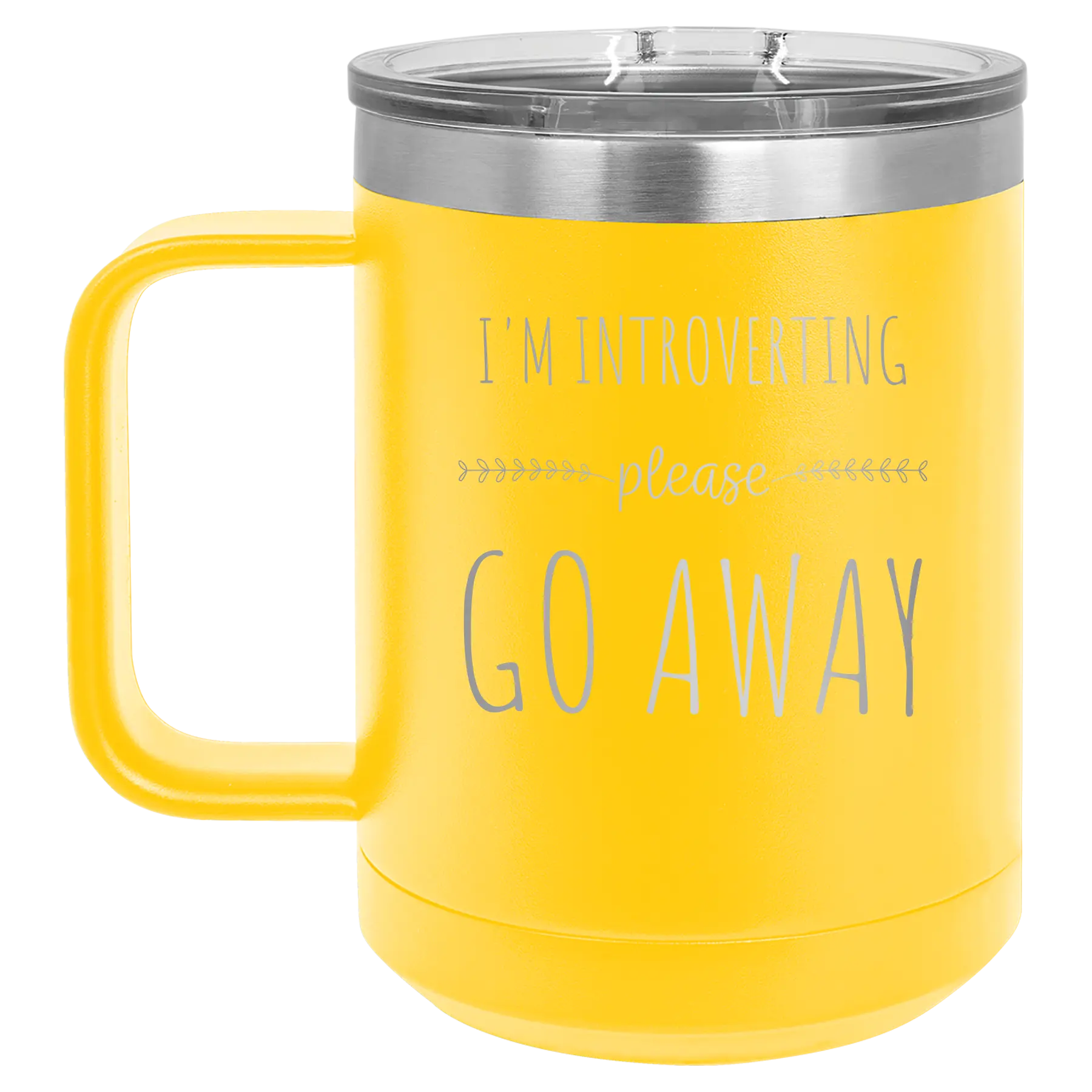 Laser etched yellow 15 oz vacuum insulated coffee mug with 'Introverting' design