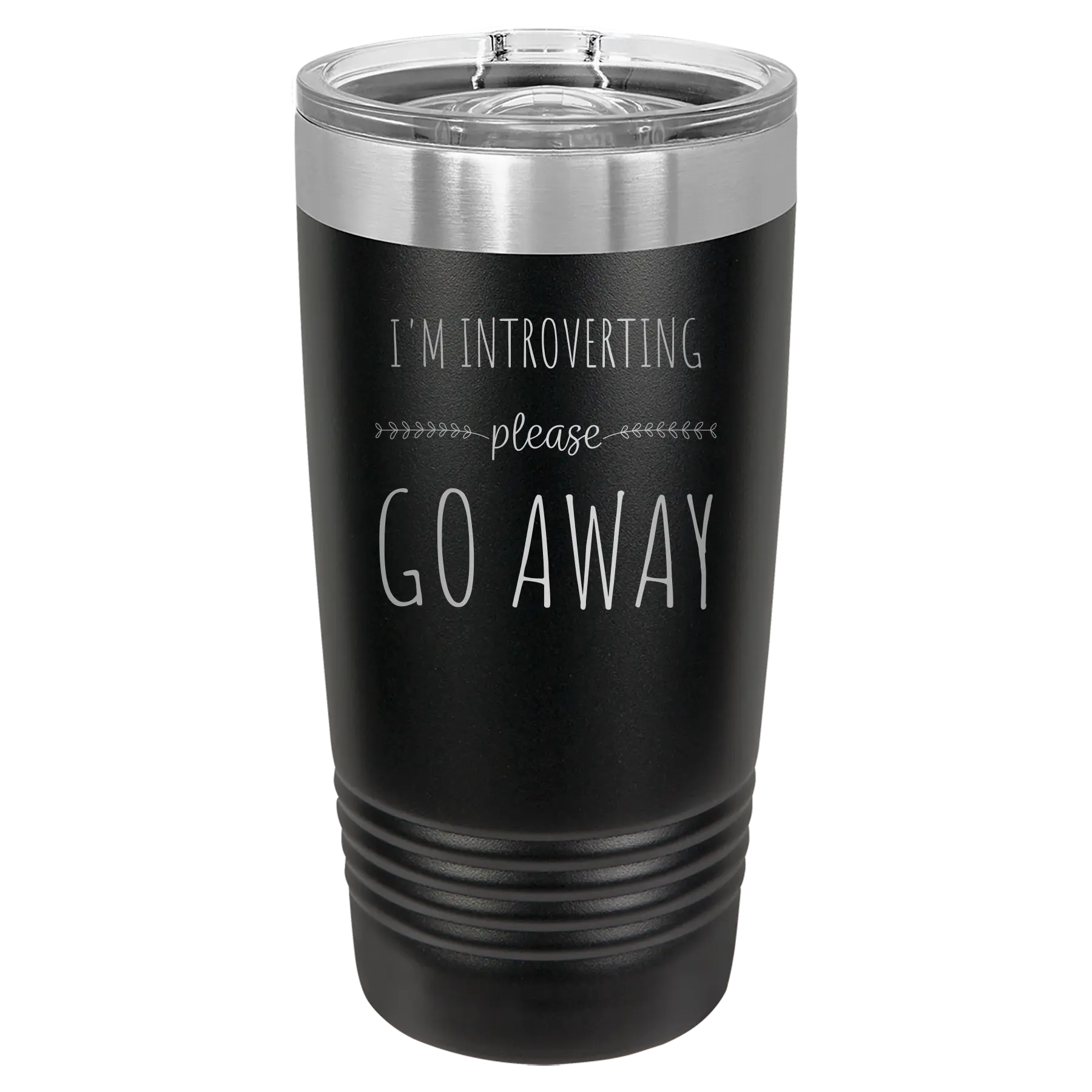 Laser etched black 20 oz vacuum insulated tumbler with 'Introverting' design