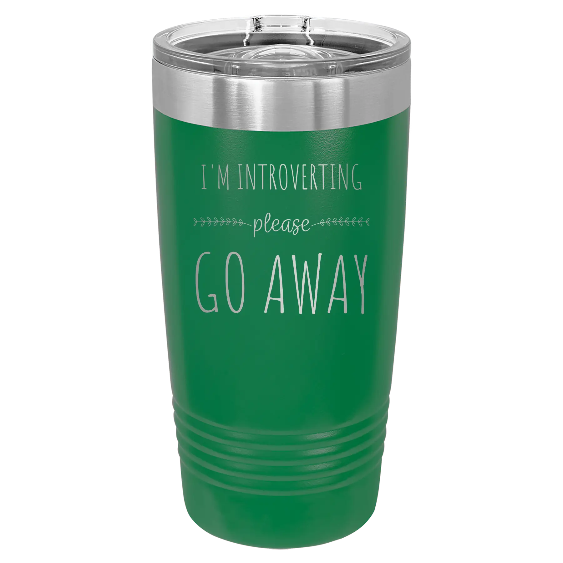Laser etched green 20 oz vacuum insulated tumbler with 'Introverting' design