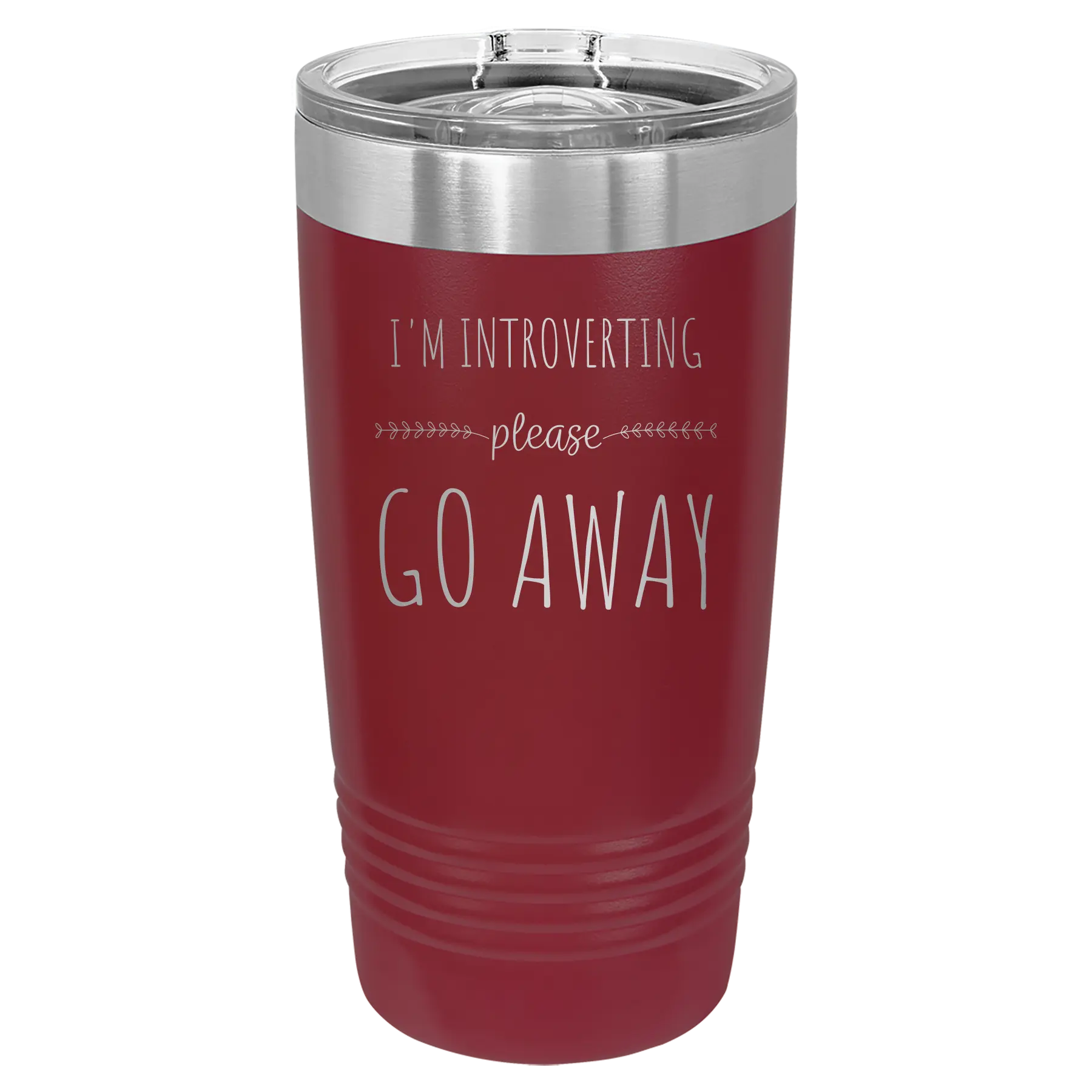 Laser etched maroon 20 oz vacuum insulated tumbler with 'Introverting' design