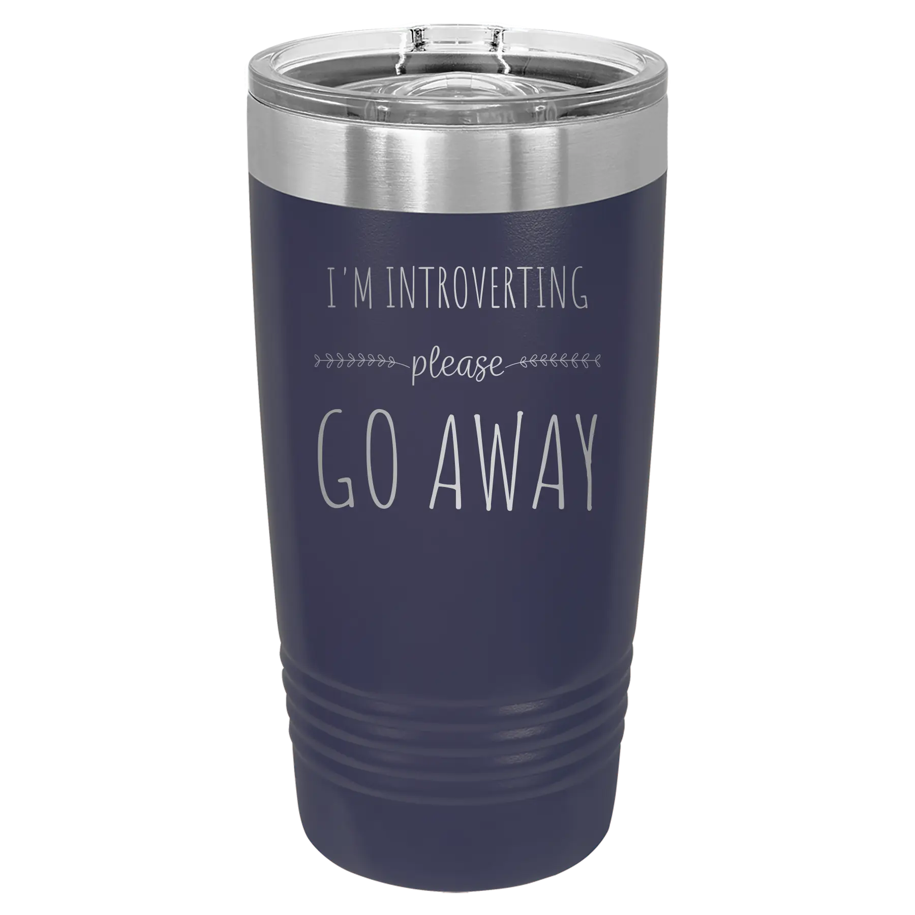 Laser etched navy 20 oz vacuum insulated tumbler with 'Introverting' design