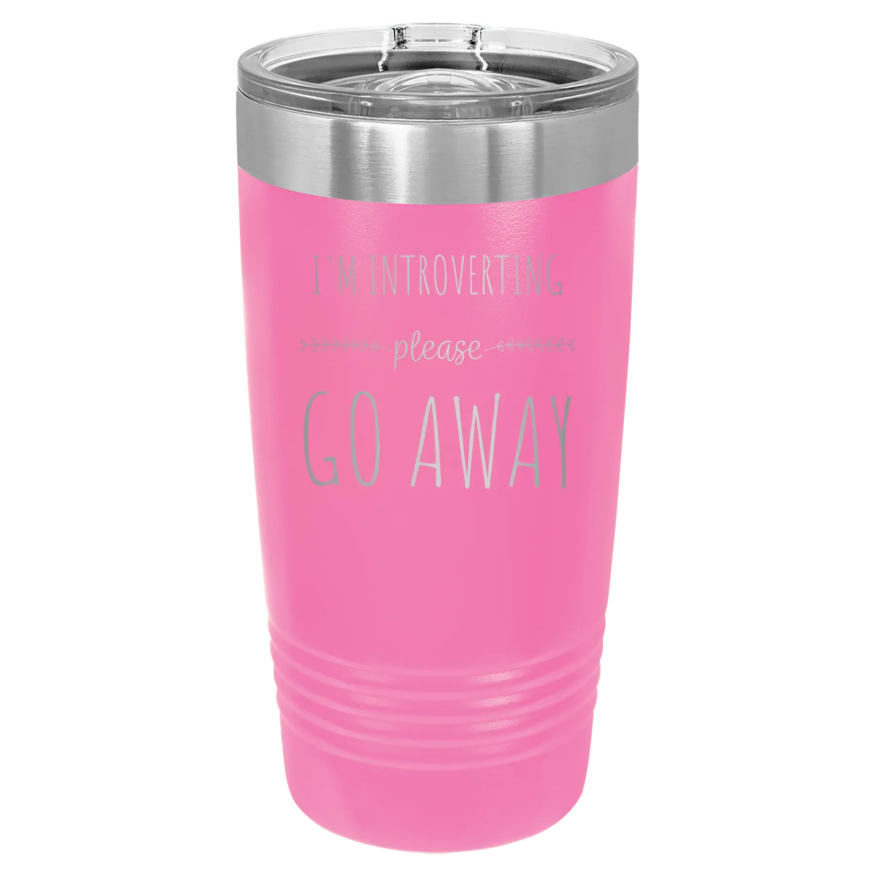 Laser etched pink 20 oz vacuum insulated tumbler with 'Introverting' design