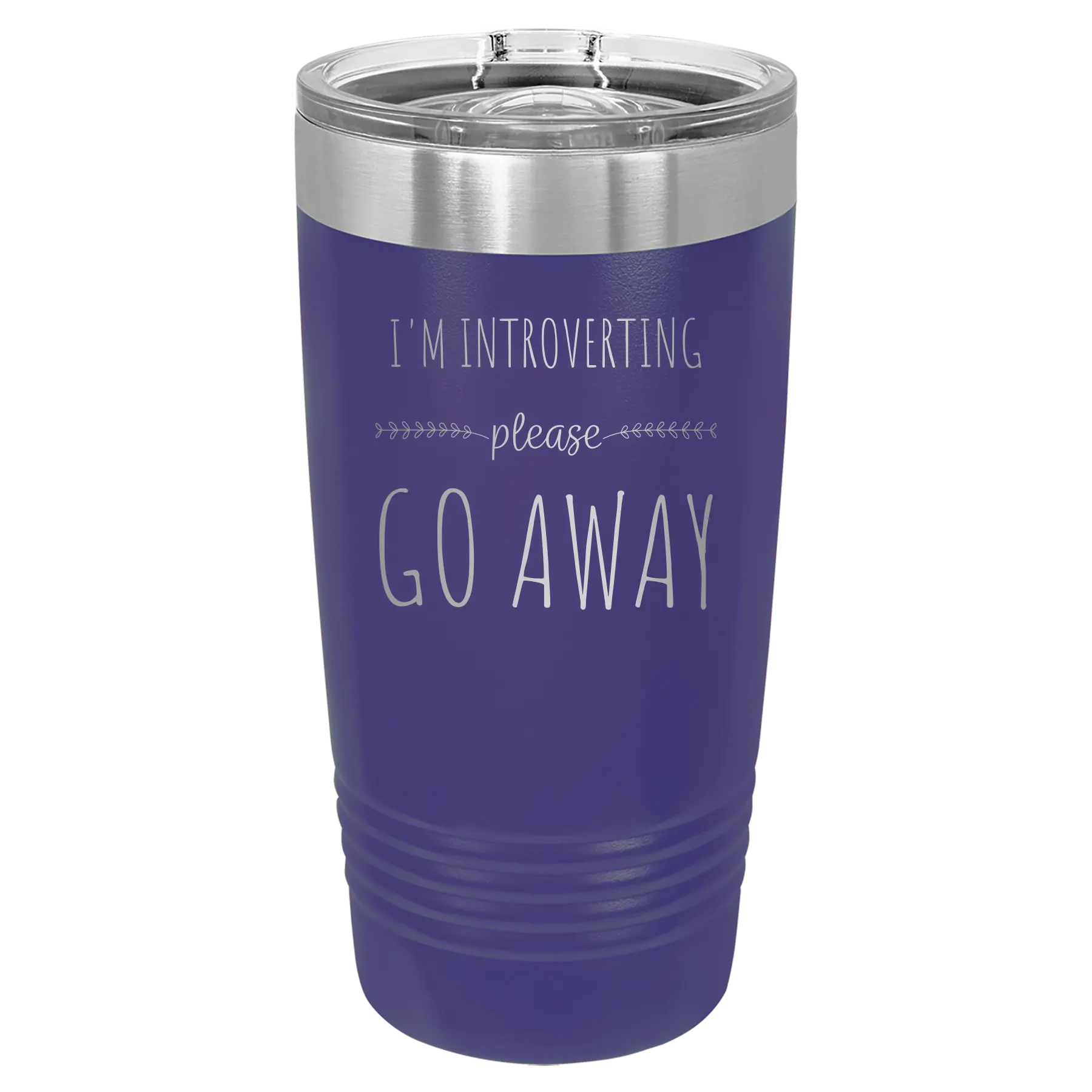 Laser etched purple 20 oz vacuum insulated tumbler with 'Introverting' design