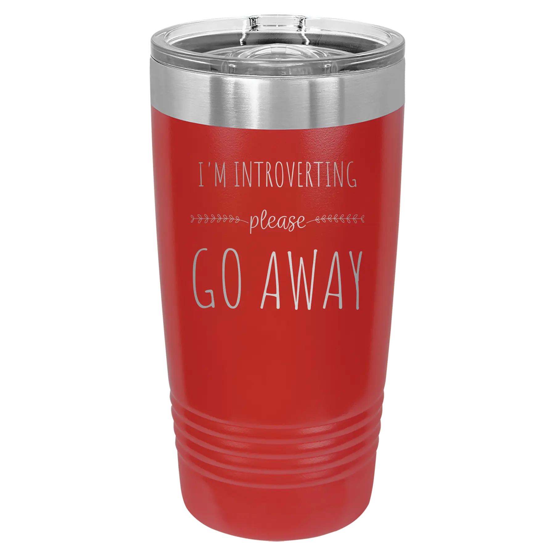 Laser etched red 20 oz vacuum insulated tumbler with 'Introverting' design