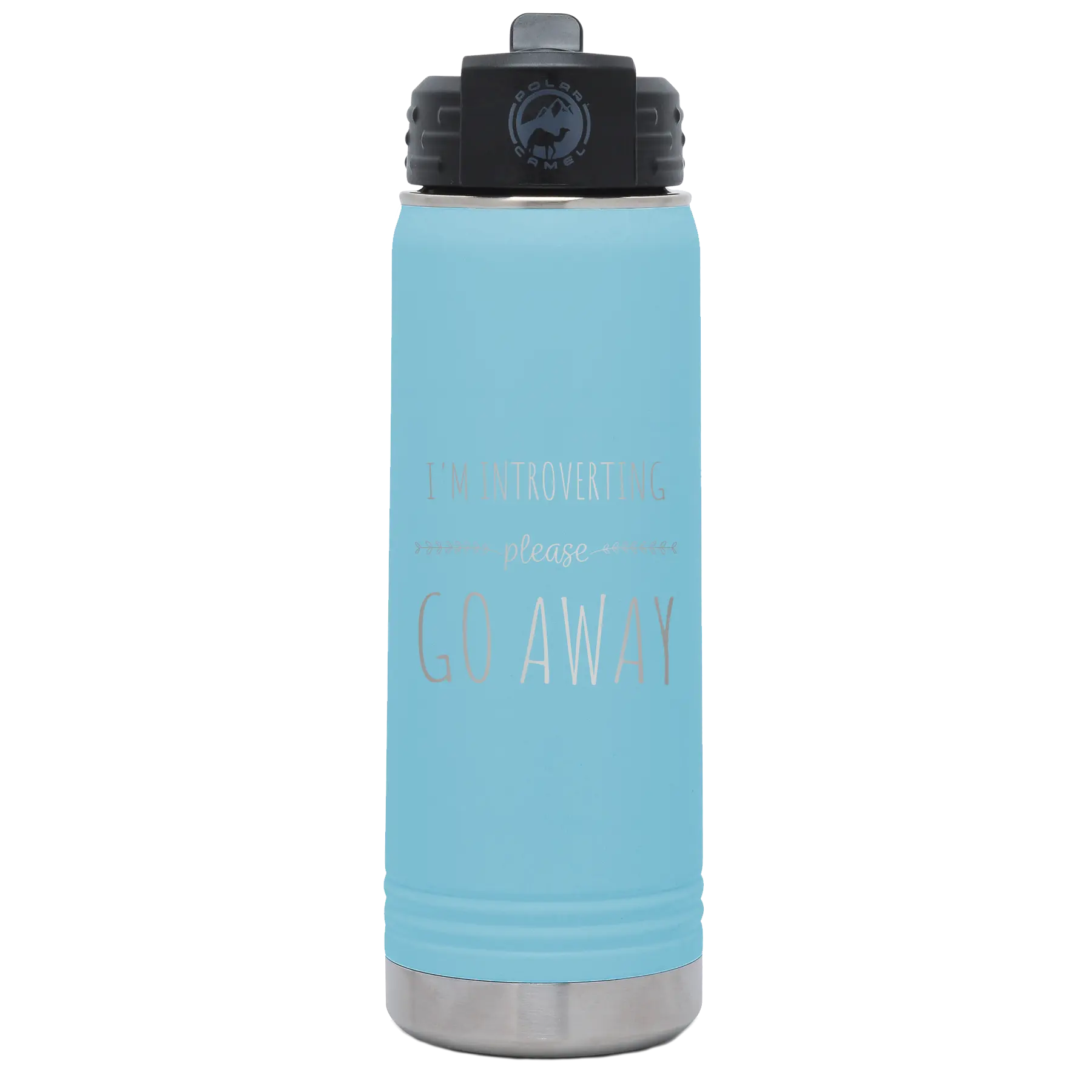 Laser etched light blue 20 oz vacuum insulated water bottle with 'Introverting' design