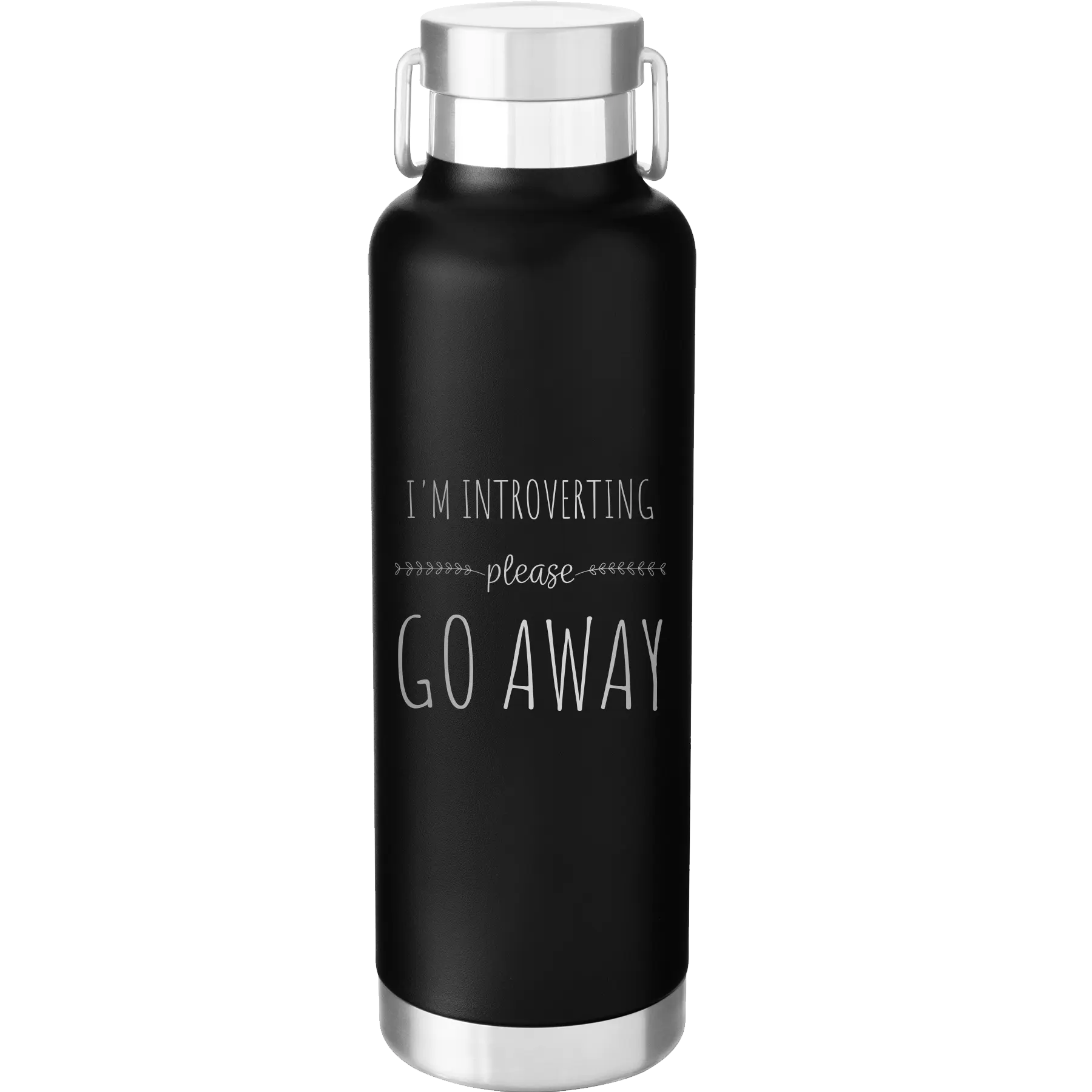 Laser etched black 24 oz vacuum insulated water bottle with 'Introverting' design
