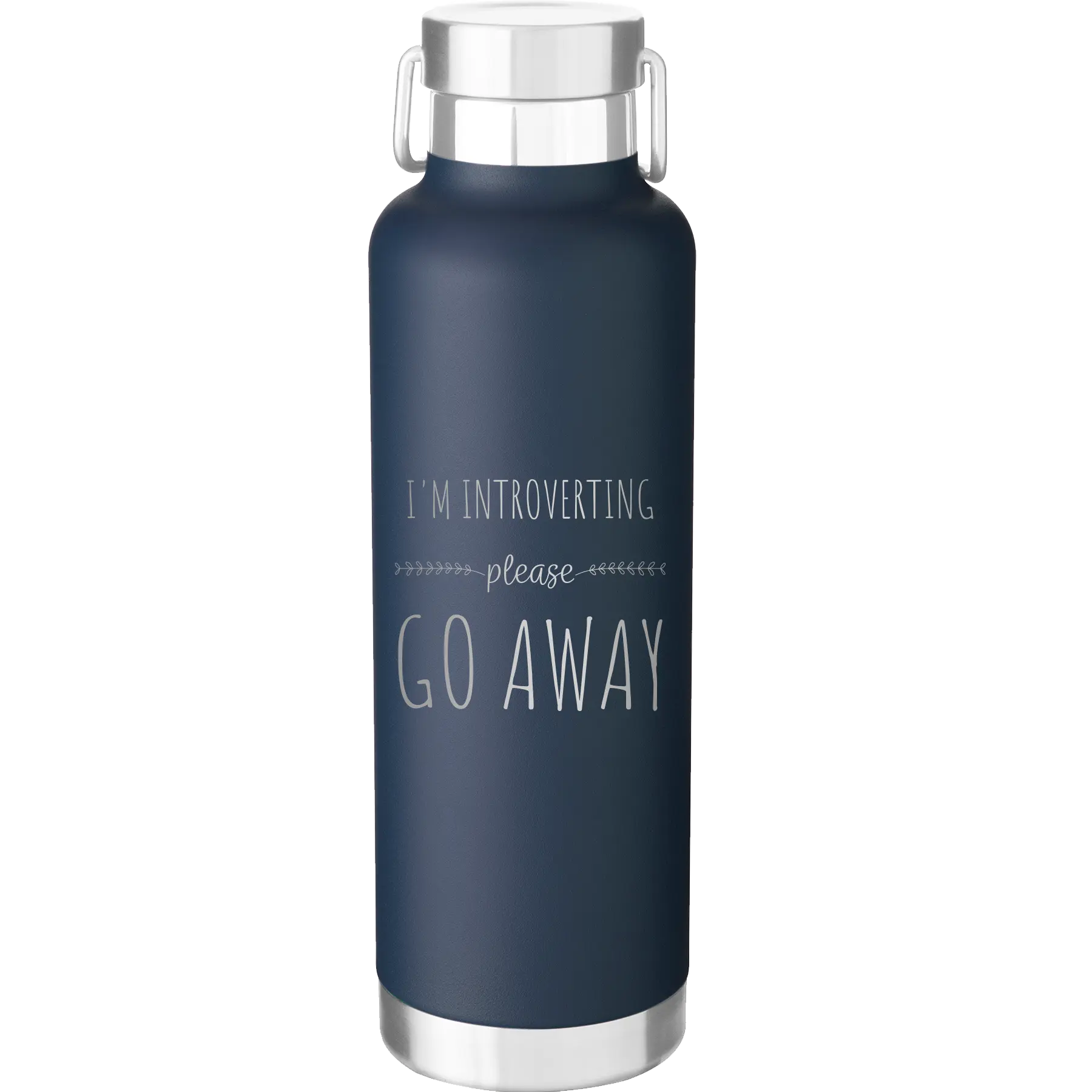 Laser etched navy 24 oz vacuum insulated water bottle with 'Introverting' design