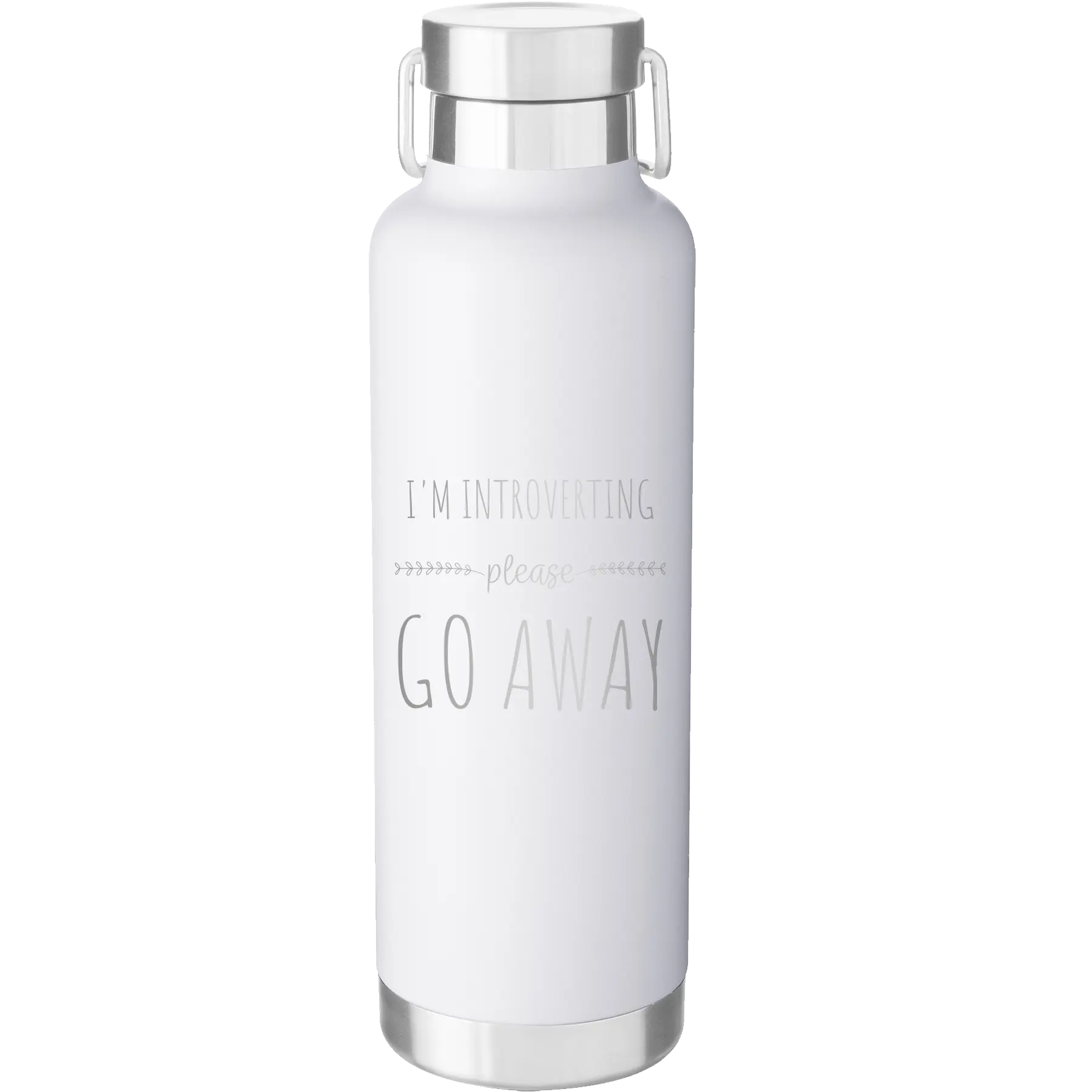 Laser etched white 24 oz vacuum insulated water bottle with 'Introverting' design