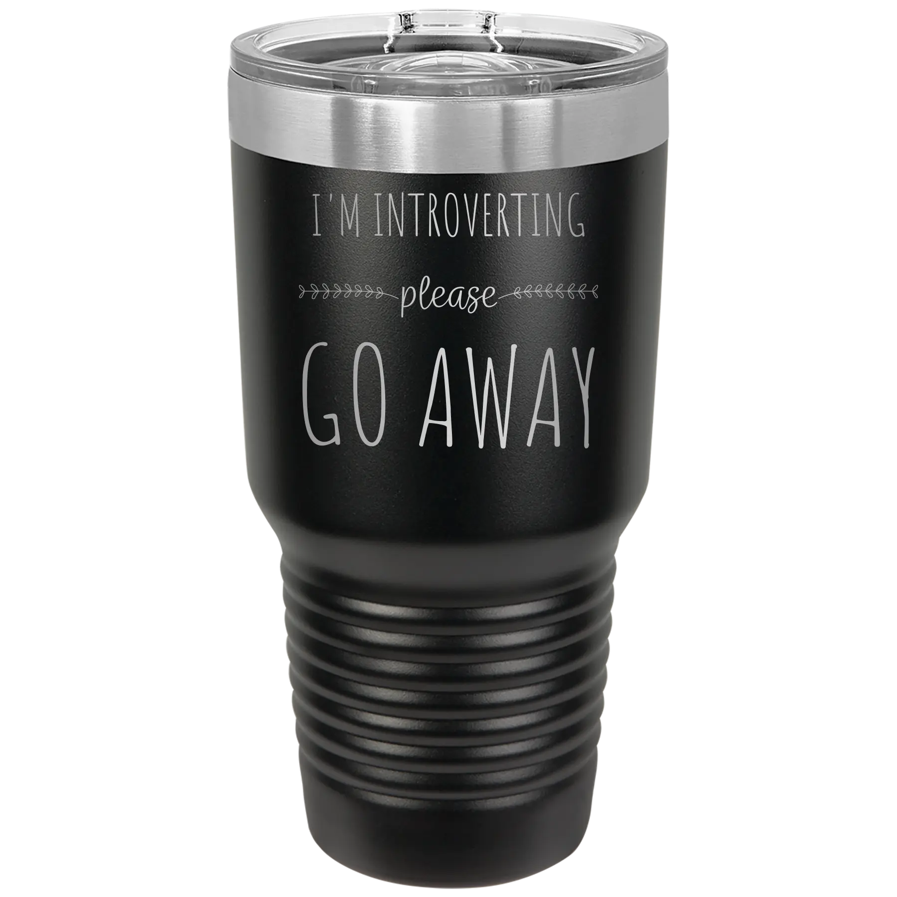 Laser etched black 30 oz vacuum insulated tumbler with 'Introverting' design
