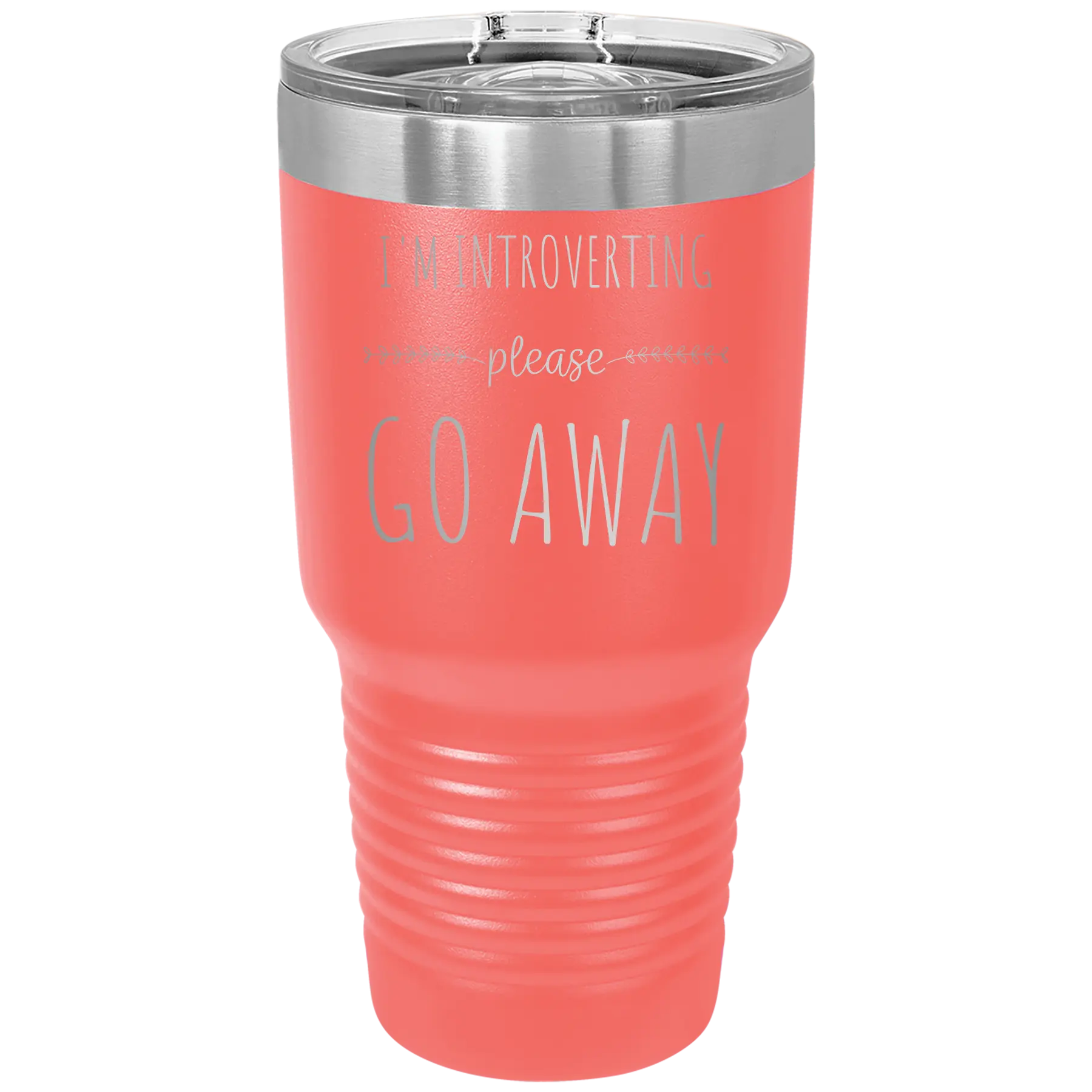 Laser etched coral 30 oz vacuum insulated tumbler with 'Introverting' design