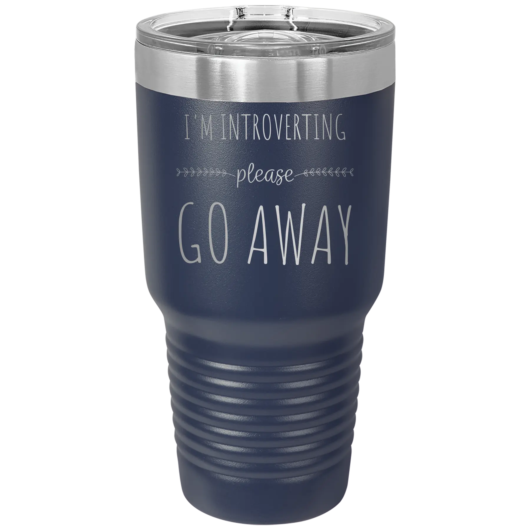 Laser etched navy 30 oz vacuum insulated tumbler with 'Introverting' design