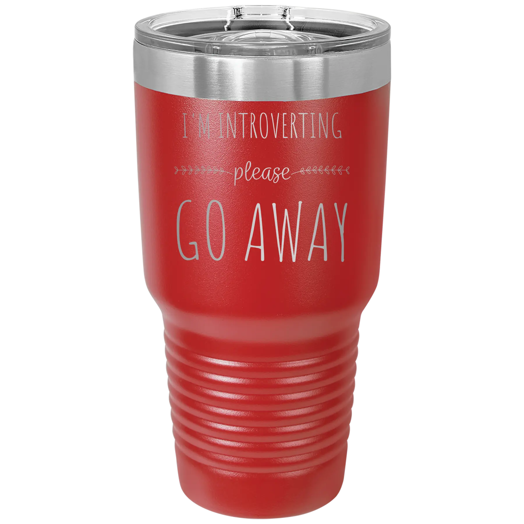 Laser etched red 30 oz vacuum insulated tumbler with 'Introverting' design