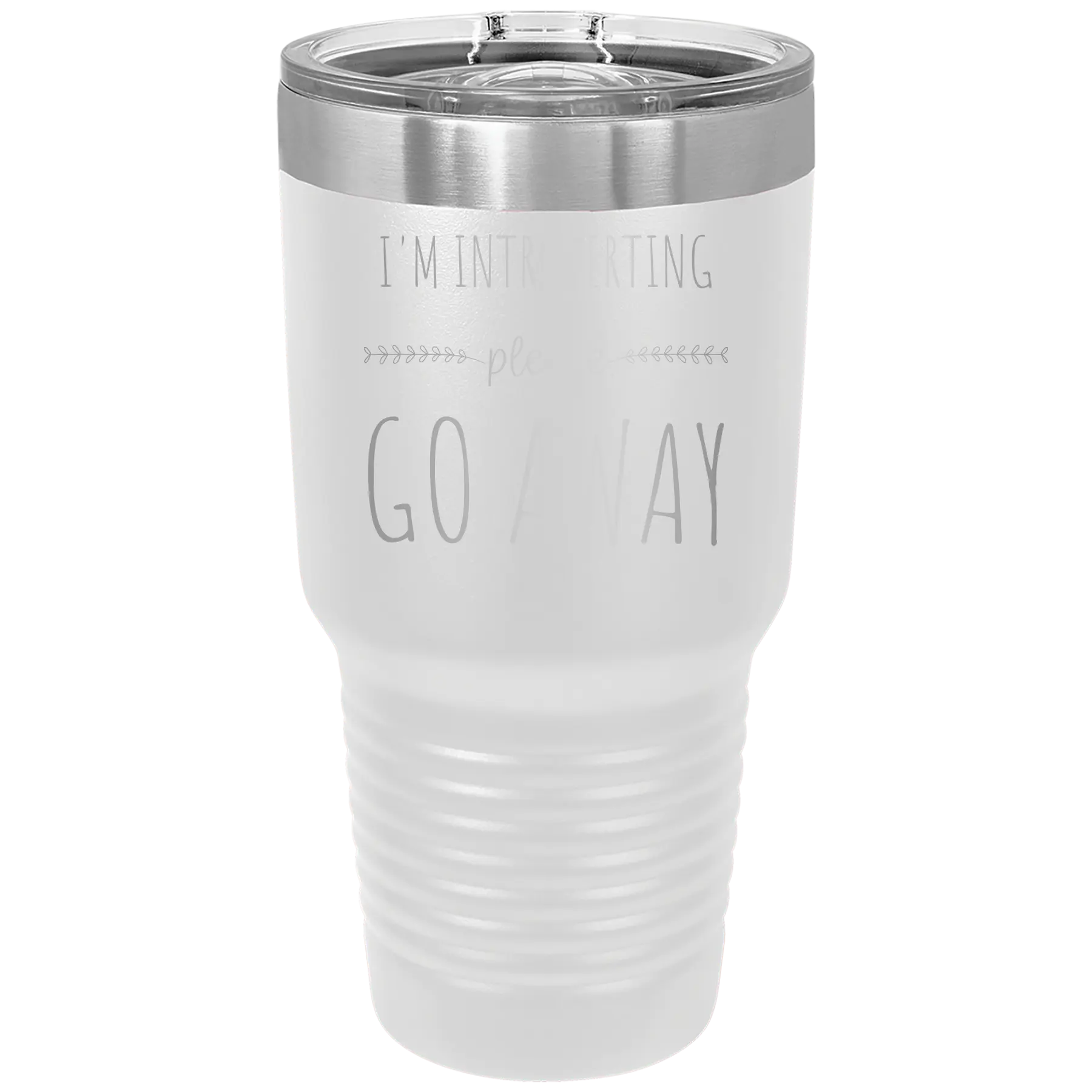 Laser etched white 30 oz vacuum insulated tumbler with 'Introverting' design
