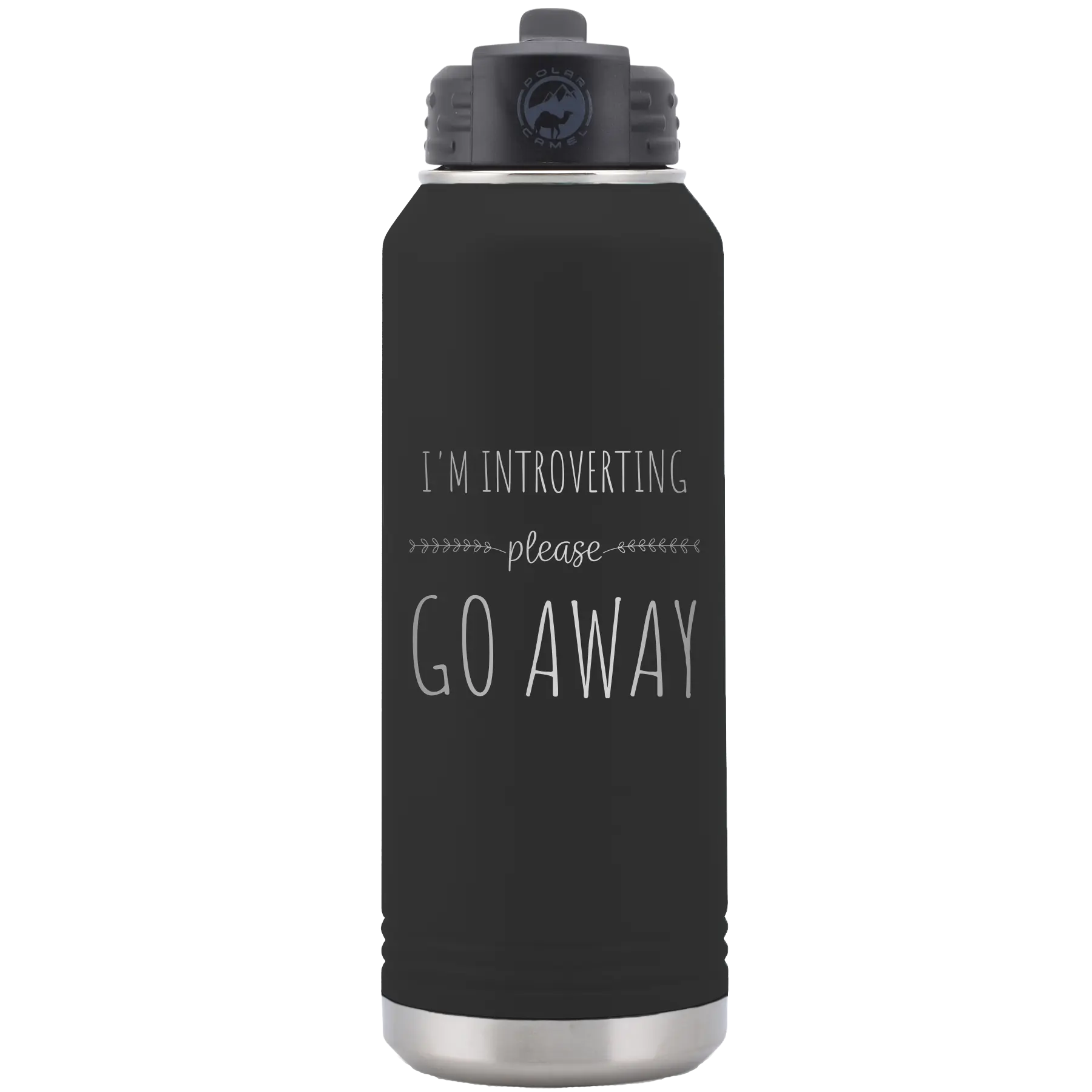 Laser etched black 32 oz vacuum insulated water bottle with 'Introverting' design
