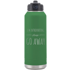 Laser etched green 32 oz vacuum insulated water bottle with 'Introverting' design