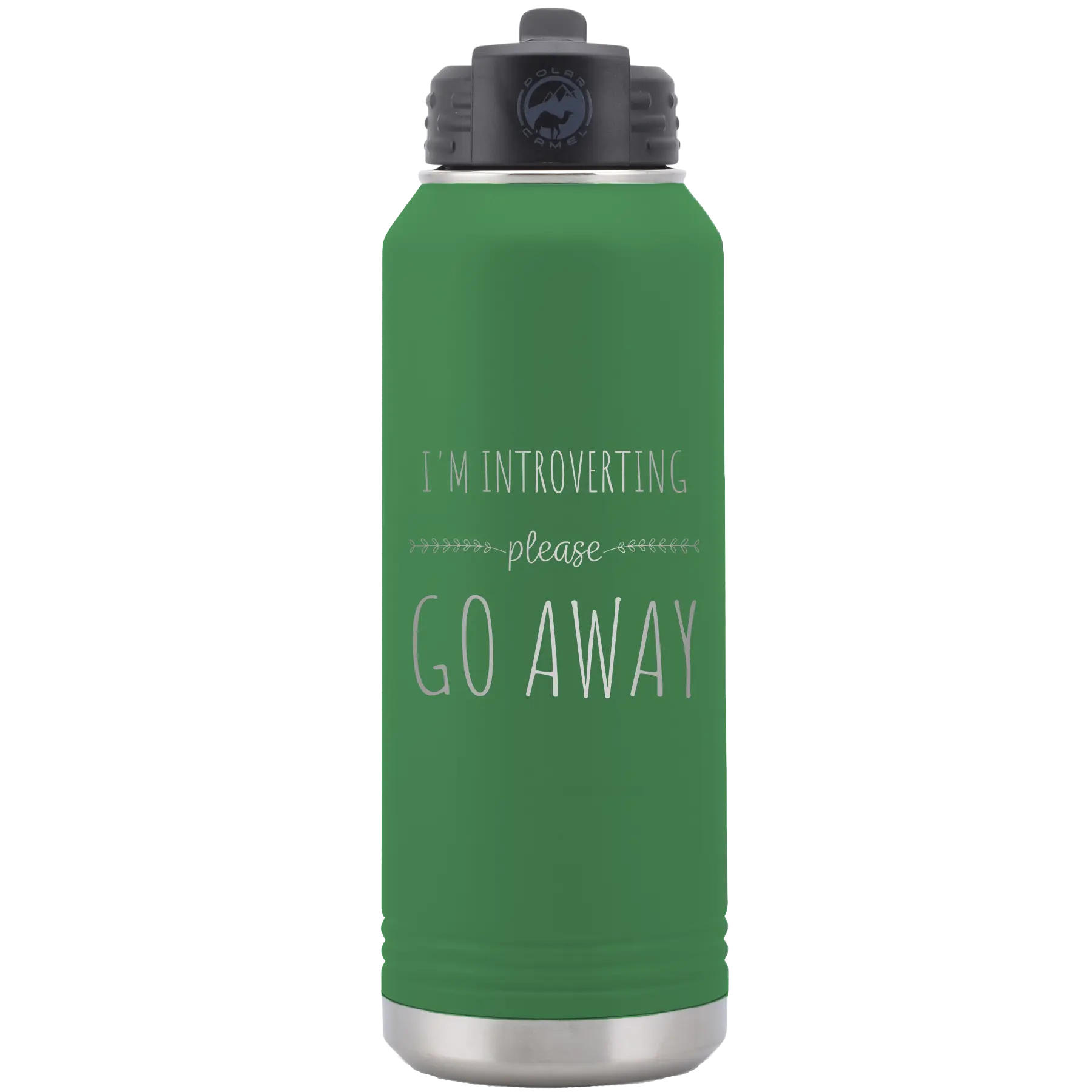 Laser etched green 32 oz vacuum insulated water bottle with 'Introverting' design