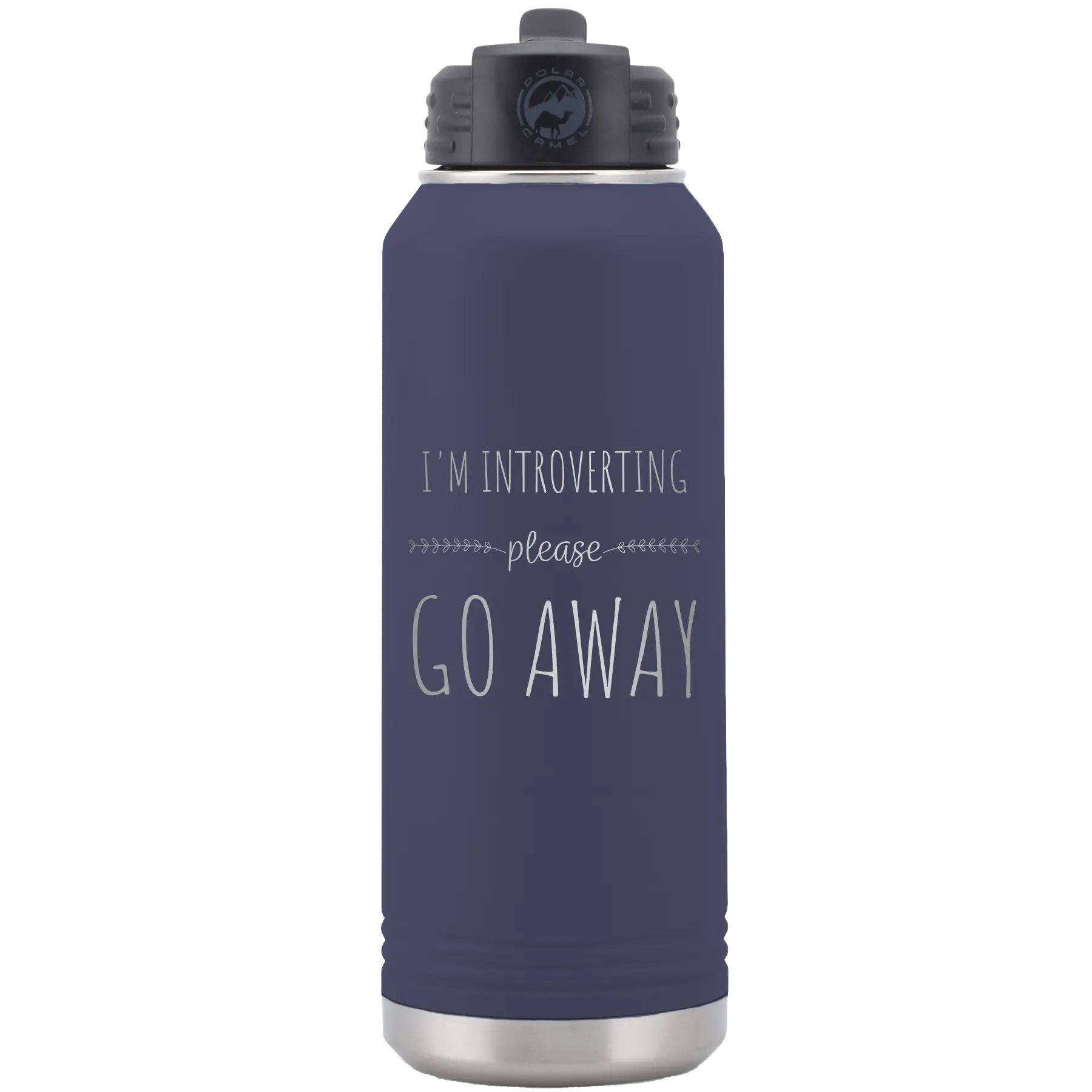 Laser etched navy 32 oz vacuum insulated water bottle with 'Introverting' design