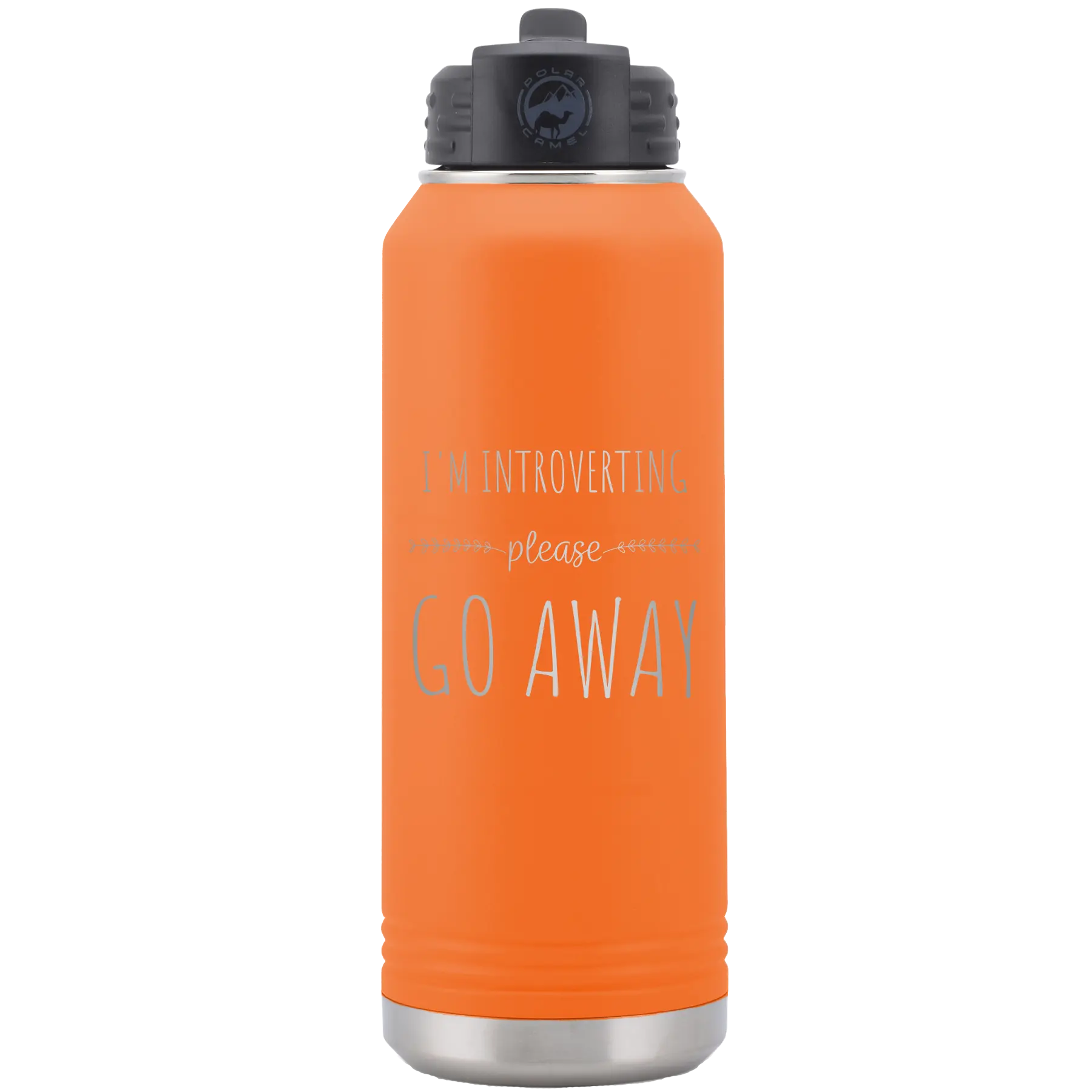 Laser etched orange 32 oz vacuum insulated water bottle with 'Introverting' design