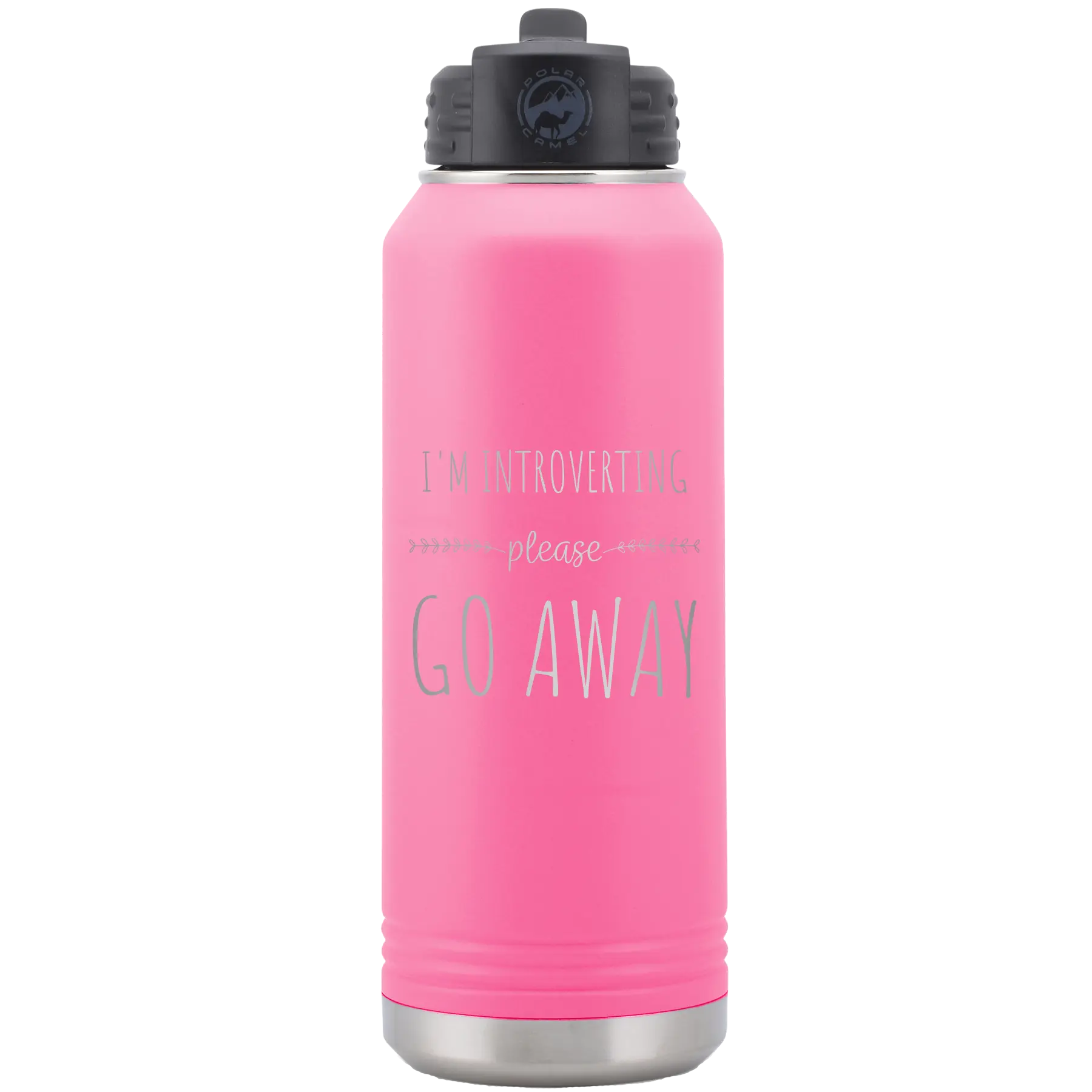 Laser etched pink 32 oz vacuum insulated water bottle with 'Introverting' design