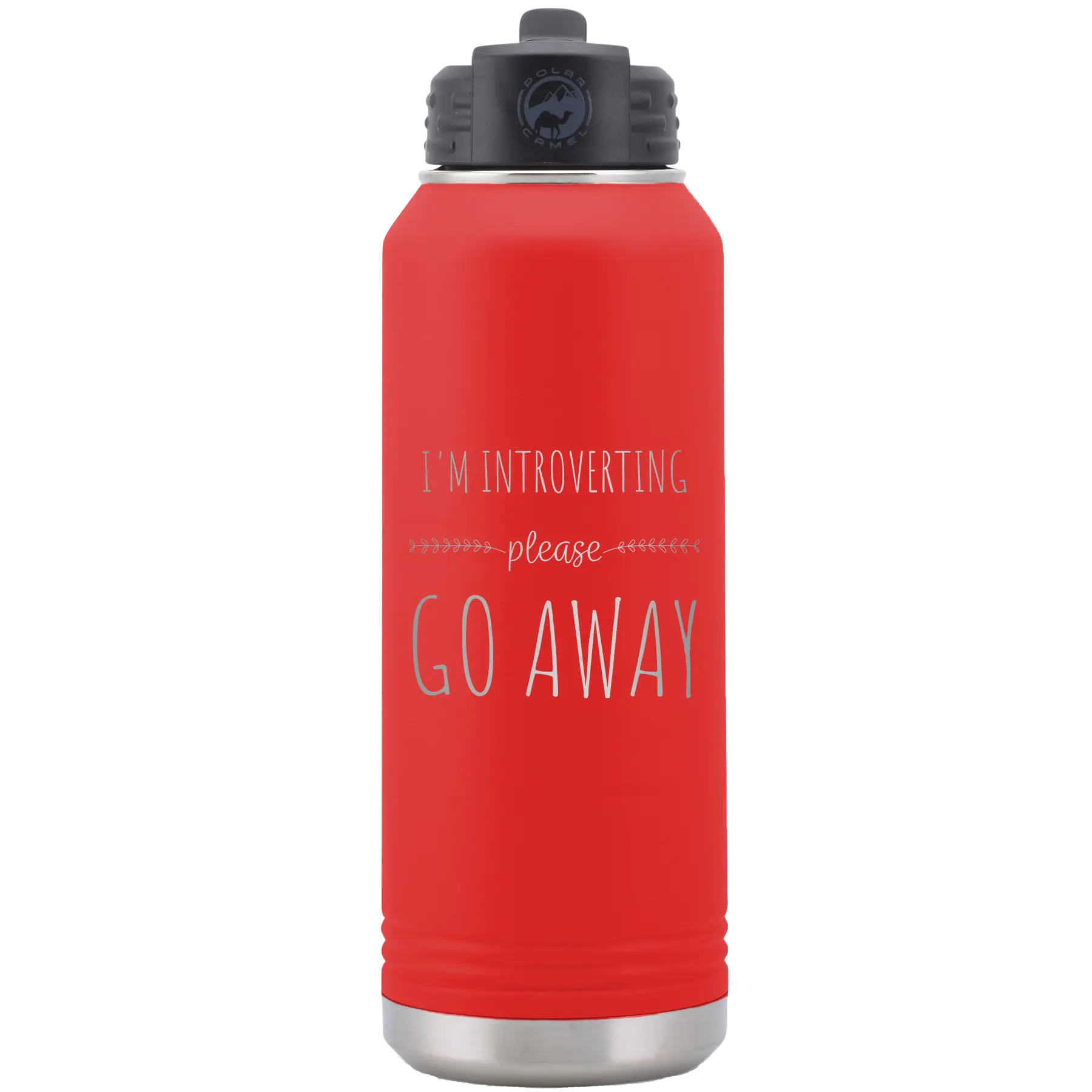 Laser etched red 32 oz vacuum insulated water bottle with 'Introverting' design