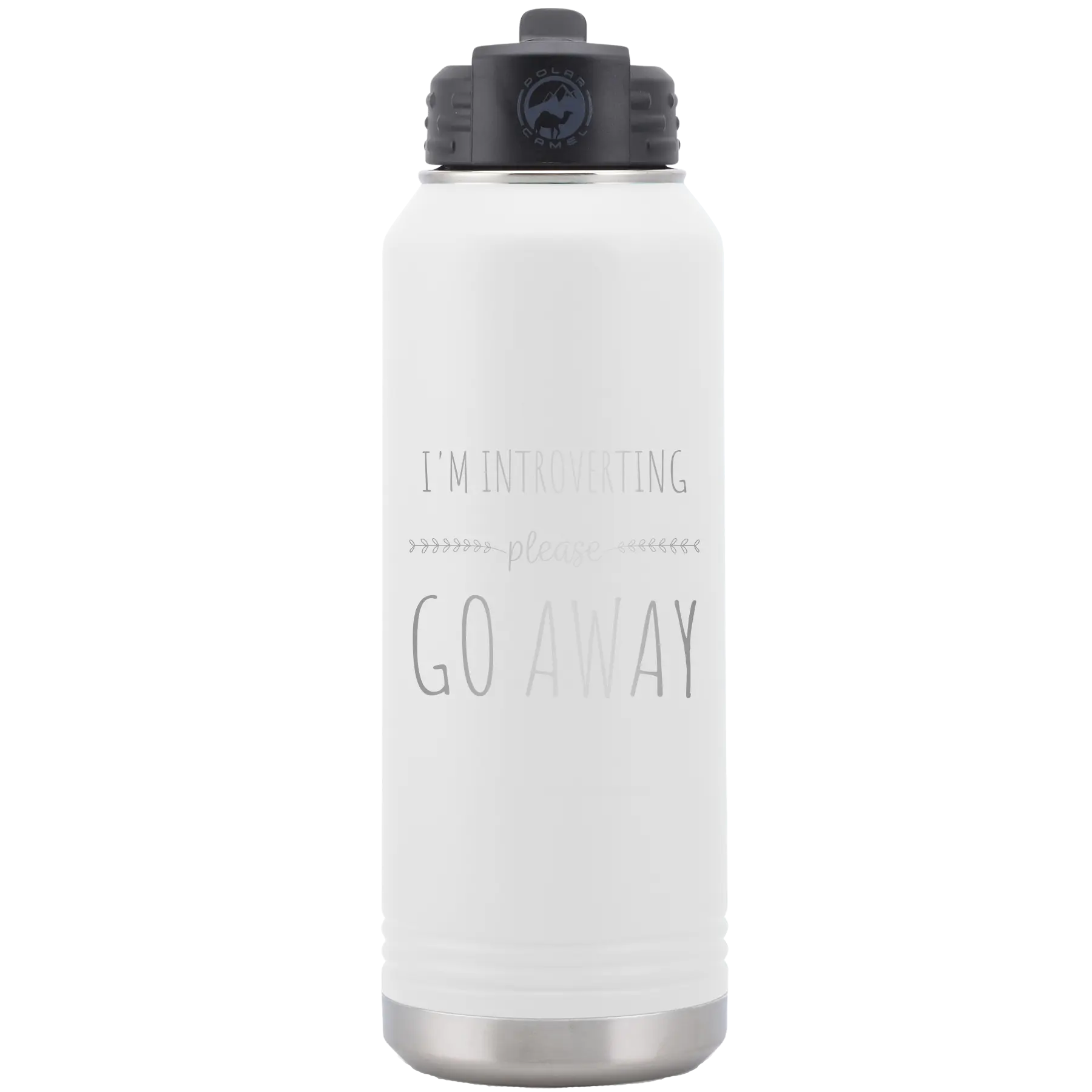 Laser etched white 32 oz vacuum insulated water bottle with 'Introverting' design