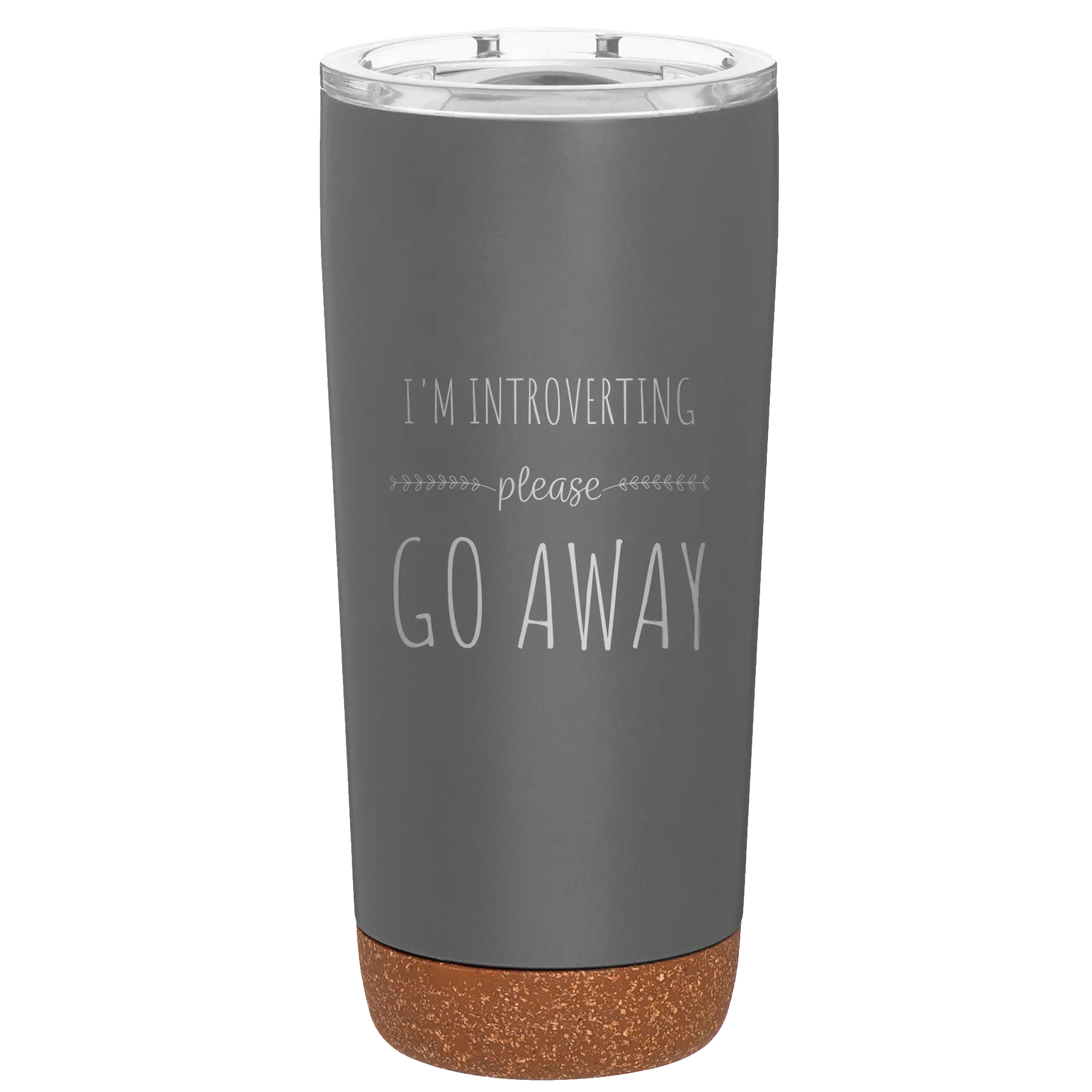Laser etched storm gray 20 oz vacuum insulated tumbler with 'Introverting' design